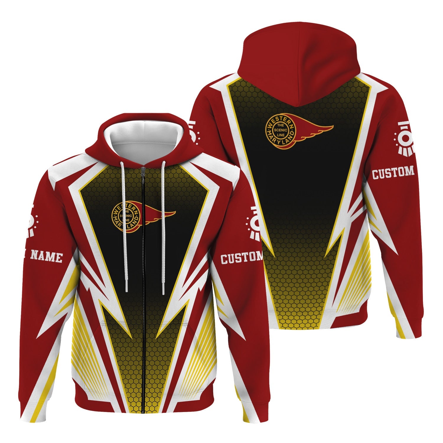 Railspirit Personalized Western Maryland Railway Hoodie Lightning Graphic Style Zip Up Hoodie Gift Idea For Train Lover