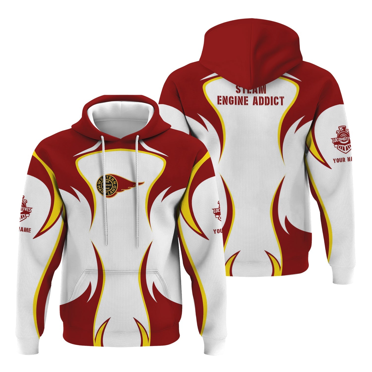 Railspirit Personalized Western Maryland Railway Hoodie Distinctive Flame Style Zip Up Hoodie For Steam Engine Addict