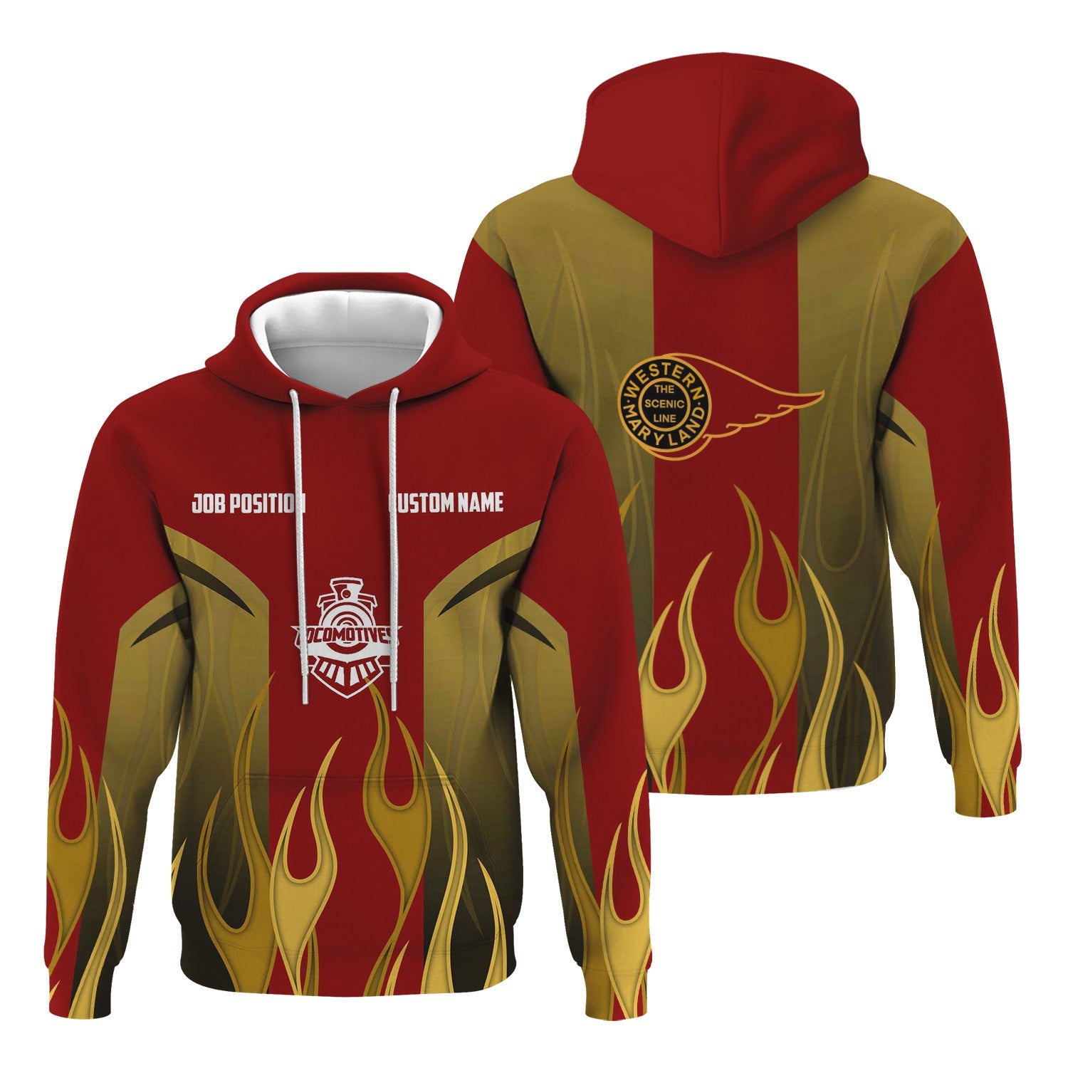 Railspirit Custom Name and Job Title Western Maryland Railway Hoodie Flame Graphic Train Zip Up Hoodie