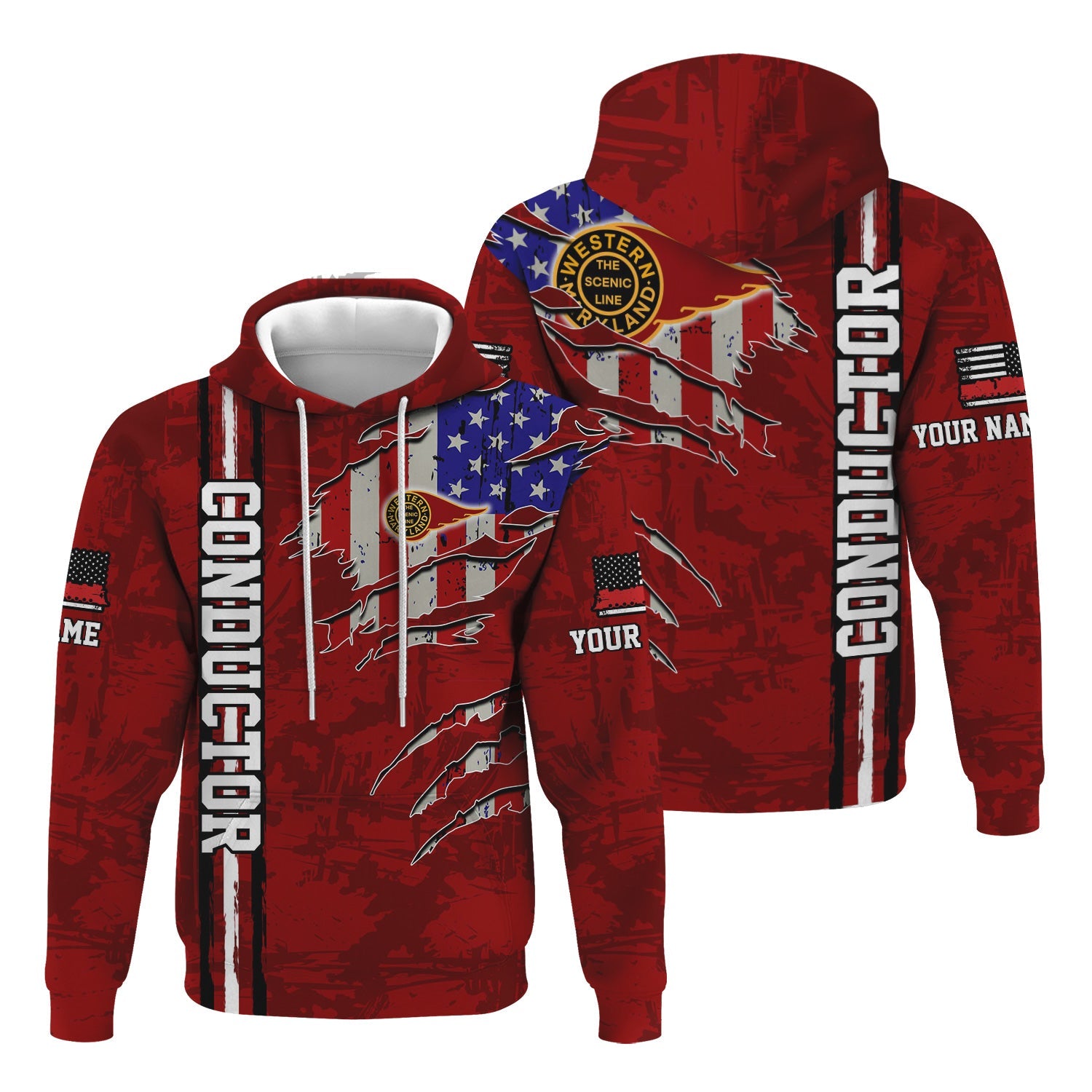 Railspirit Personalized Western Maryland Railway Hoodie USA Flag Claw Art with Custom Job Train Zip Up Hoodie