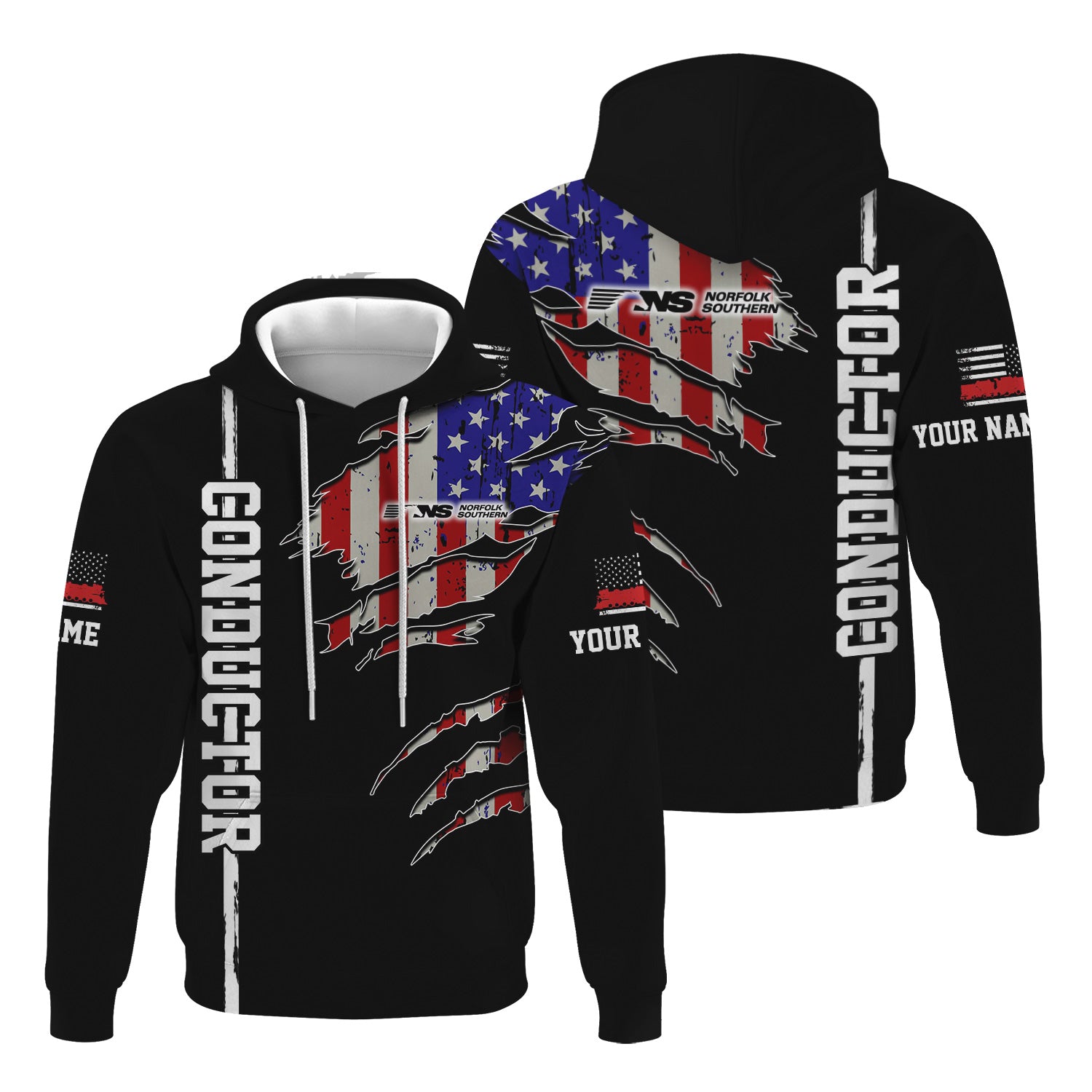 Railspirit Personalized Norfolk Southern Railway Hoodie USA Flag Claw Art with Custom Job Train Zip Up Hoodie