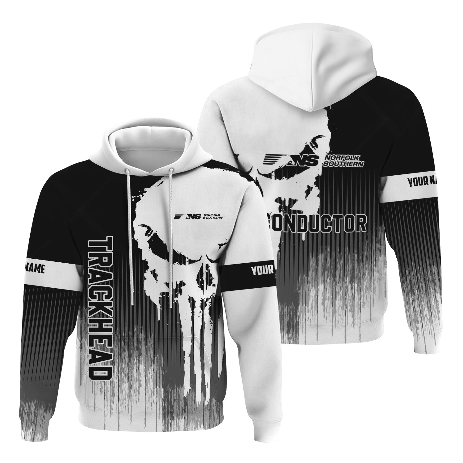 Railspirit Personalized Norfolk Southern Railway Hoodie Skull Design with Custom Job Train Zip Up Hoodie for Trackhead Crew