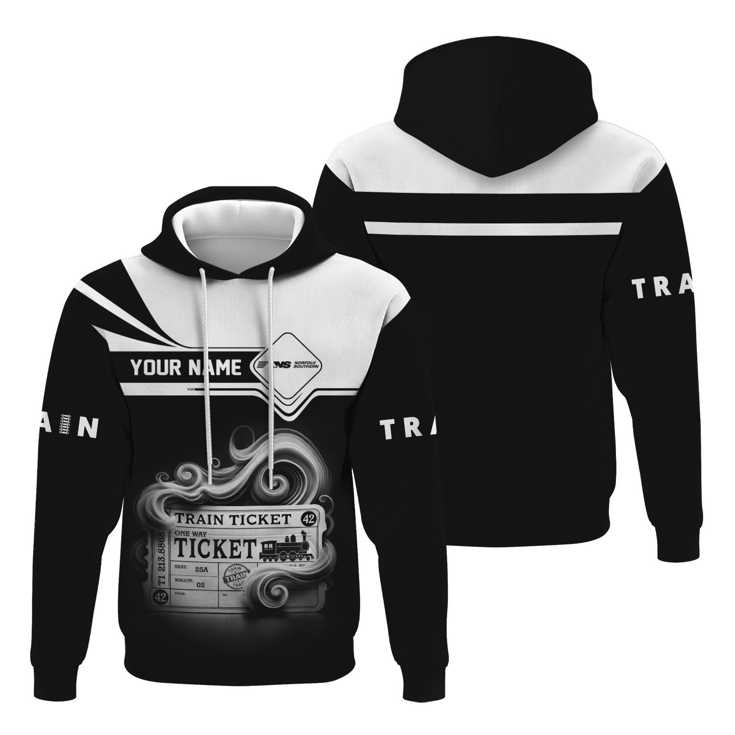 Railspirit Custom Name Norfolk Southern Railway Hoodie American Train Ticket Printed Zip Hoodie
