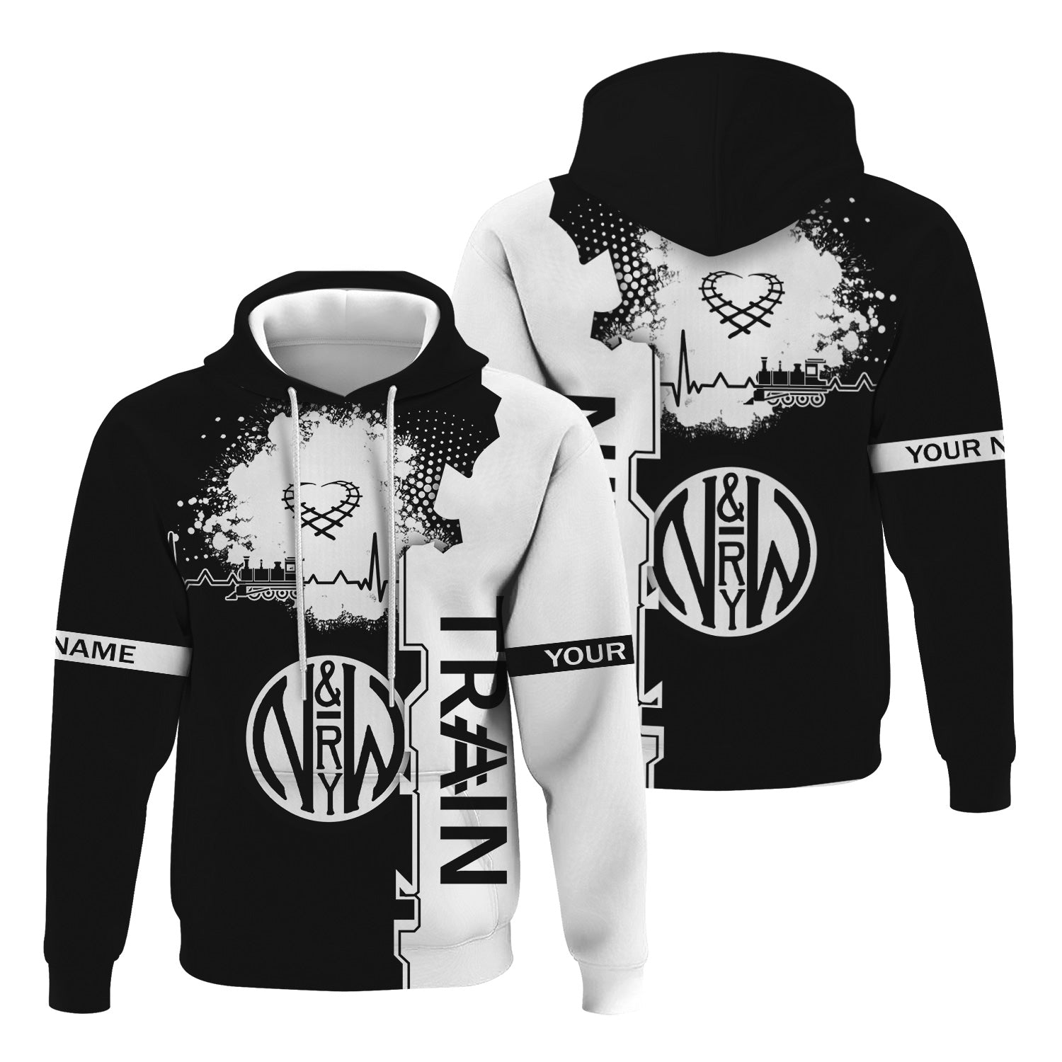 Railspirit Personalized Norfolk and Western Railway Hoodie Engine Heartbeat and Track Love Style N&W Zip Up Hoodie Gift Idea For Train Lovers