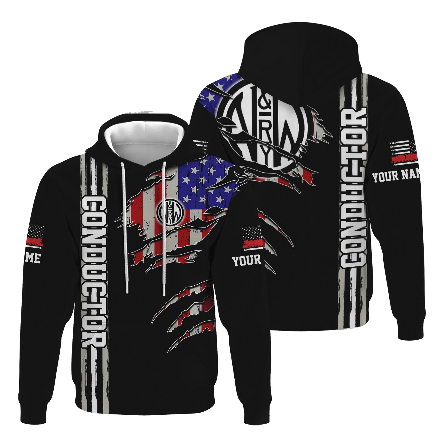Railspirit Personalized Norfolk and Western Railway Hoodie USA Flag Claw Art with Custom Job N&W Train Zip Up Hoodie