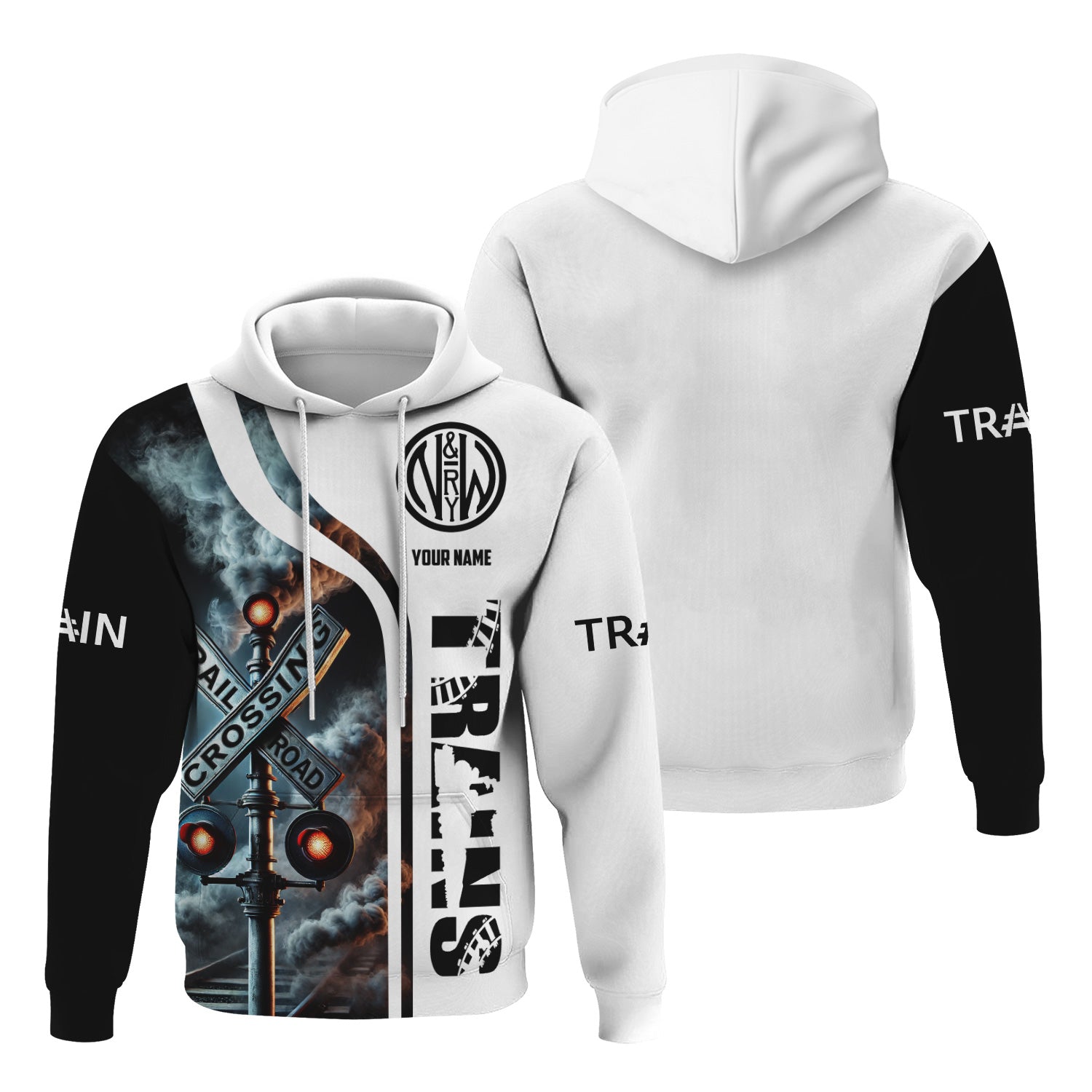 Railspirit Custom Name Norfolk and Western Railway Hoodie Railroad Crossing Sign N&W Printed Zip Hoodie