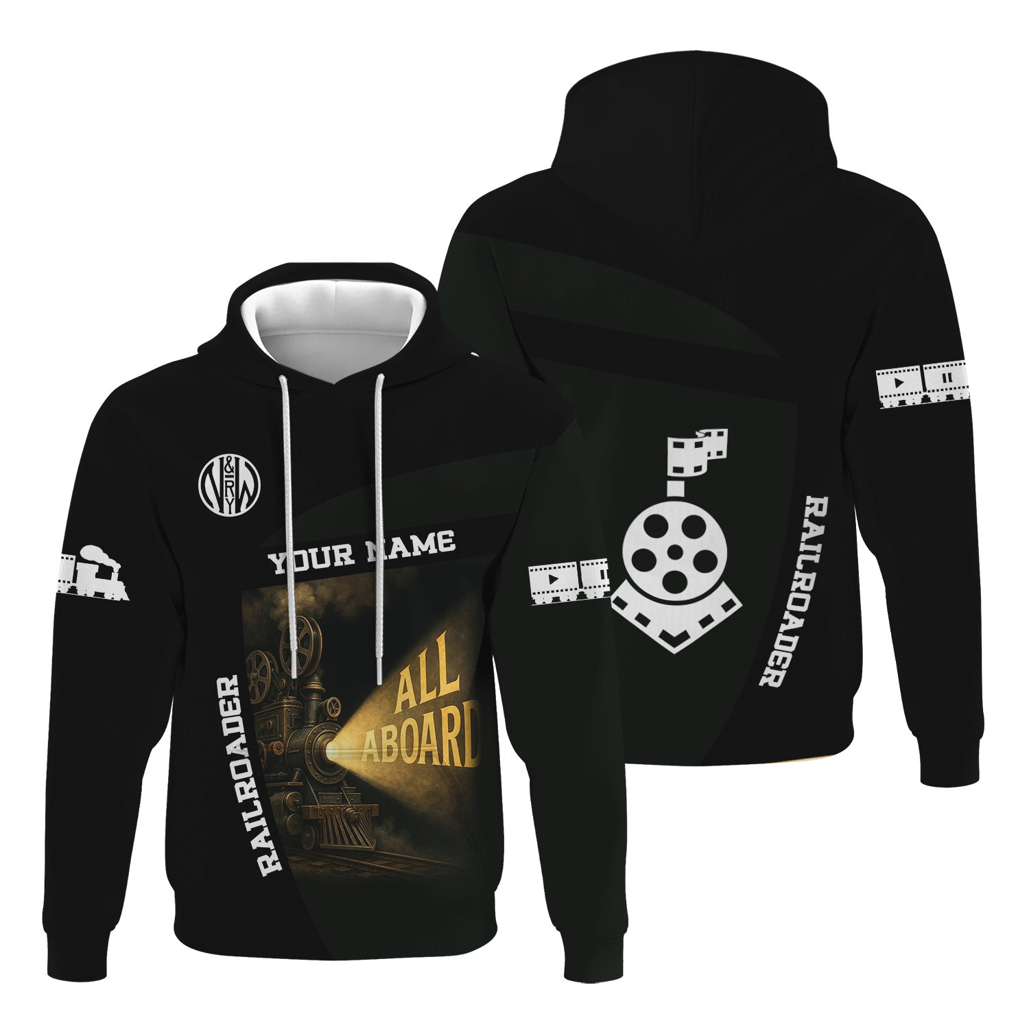 Railspirit Personalized Norfolk and Western Railway Hoodie All Aboard Steam Train Movie Projector Style N&W Zip Up Hoodie