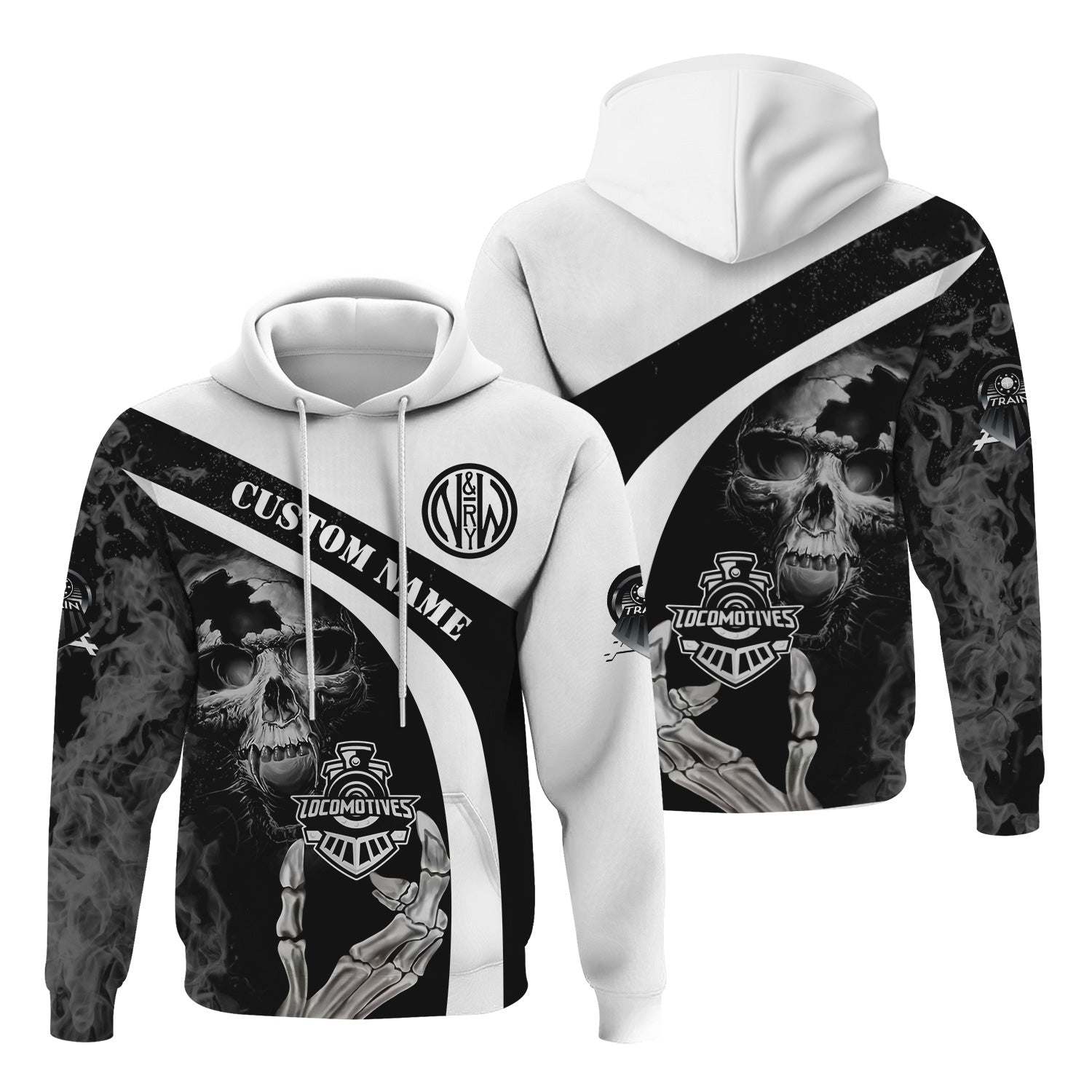 Railspirit Personalized Norfolk and Western Railway Hoodie Flame Skull Design N&W Train Zip Up Hoodie for Locomotive Fans