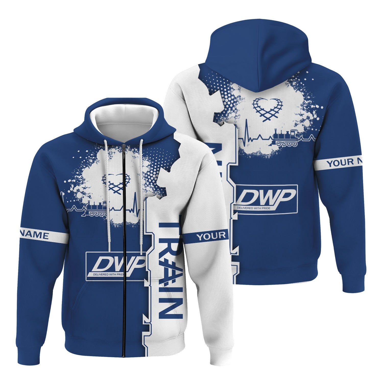 Railspirit Personalized Duluth, Winnipeg and Pacific Railway Hoodie Engine Heartbeat and Track Love Style Zip Up Hoodie Gift Idea For Train Lovers