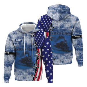 Railspirit Personalized Duluth, Winnipeg and Pacific Railway Hoodie Retro American Express Train With USA Flag Zip Up Hoodie
