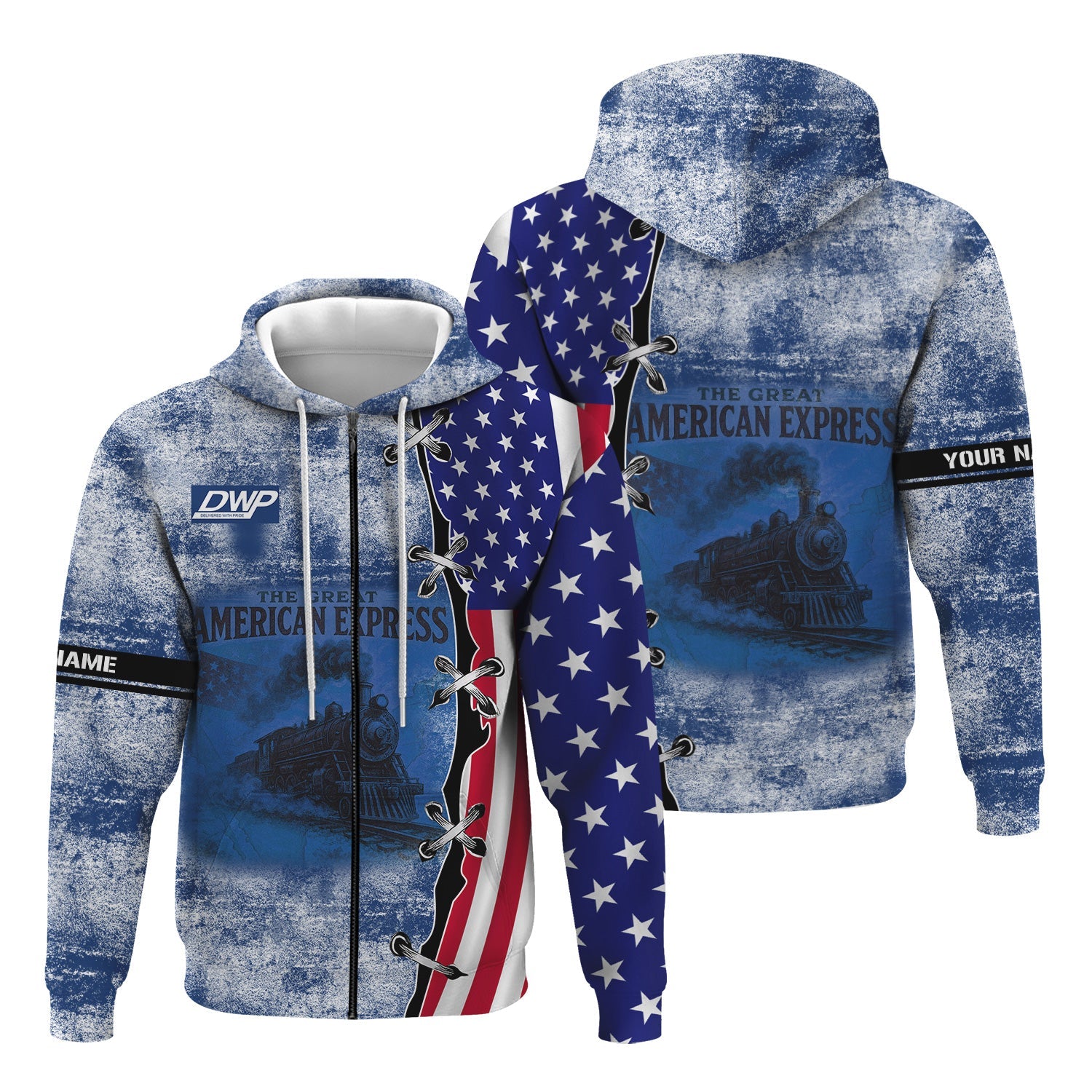 Railspirit Personalized Duluth, Winnipeg and Pacific Railway Hoodie Retro American Express Train With USA Flag Zip Up Hoodie
