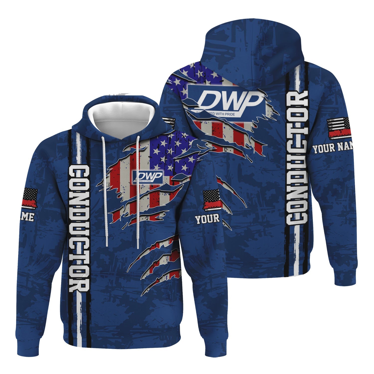Railspirit Personalized Duluth, Winnipeg and Pacific Railway Hoodie USA Flag Claw Art with Custom Job Train Zip Up Hoodie