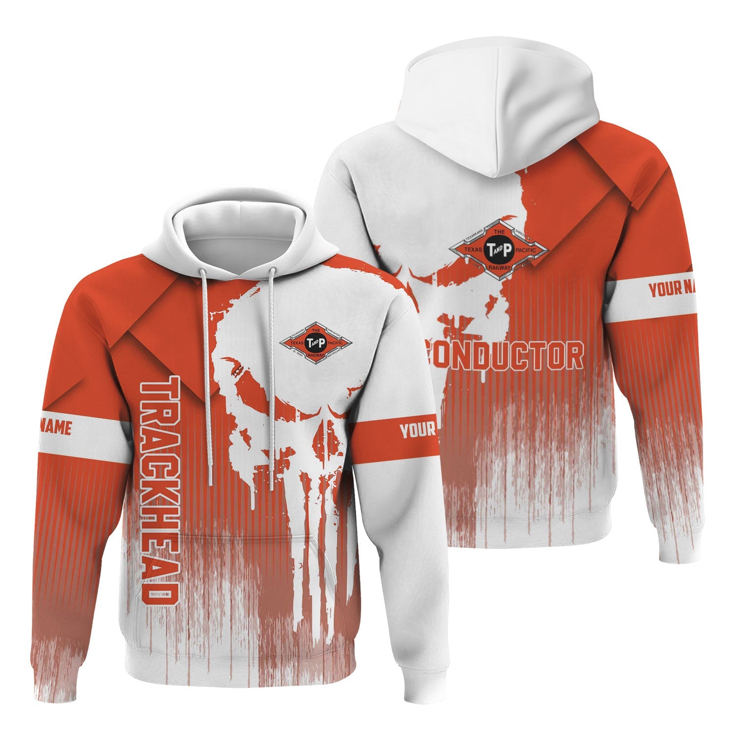 Railspirit Personalized Texas and Pacific Railway Hoodie Skull Design with Custom Job Train Zip Up Hoodie for Trackhead Crew
