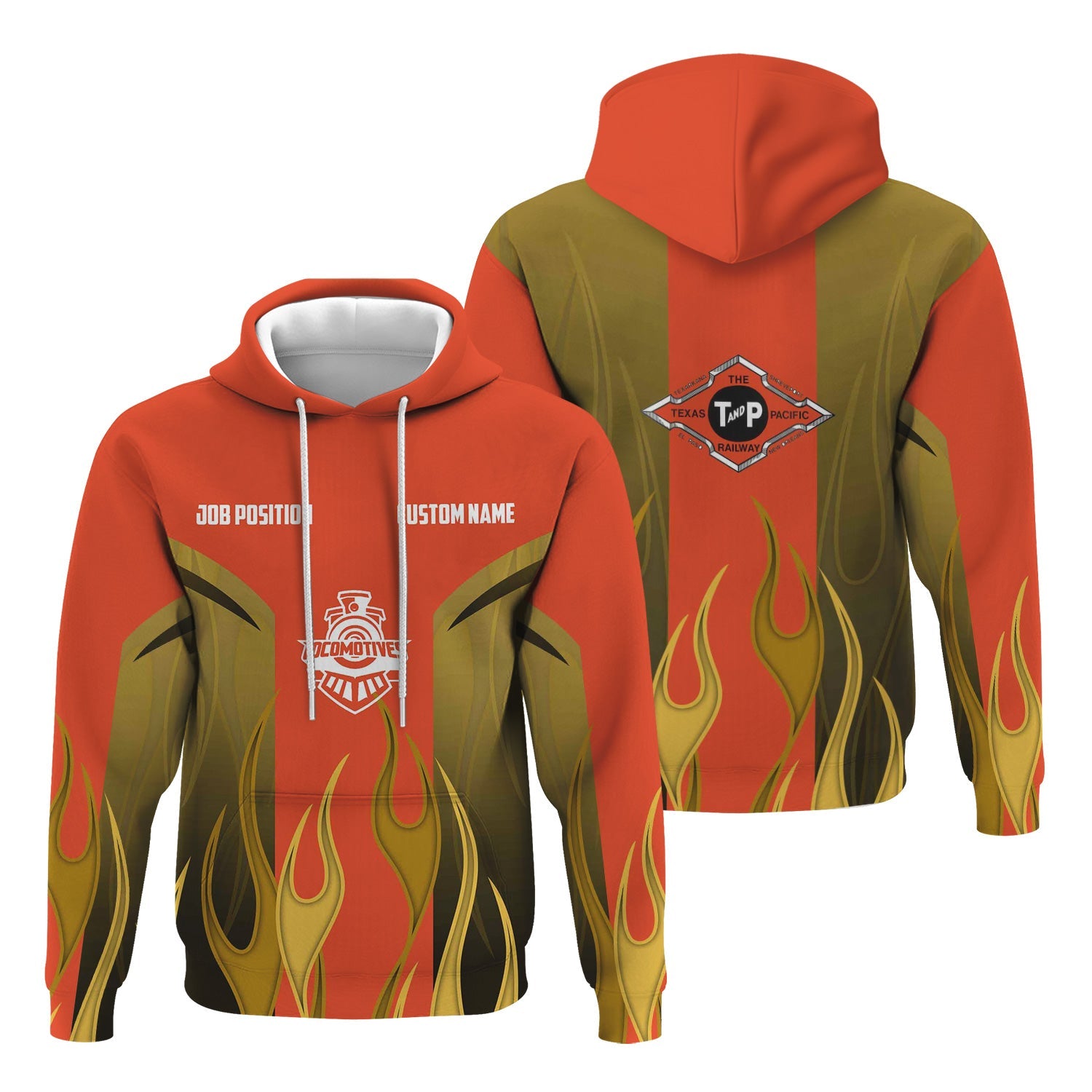 Railspirit Custom Name and Job Title Texas and Pacific Railway Hoodie Flame Graphic Train Zip Up Hoodie