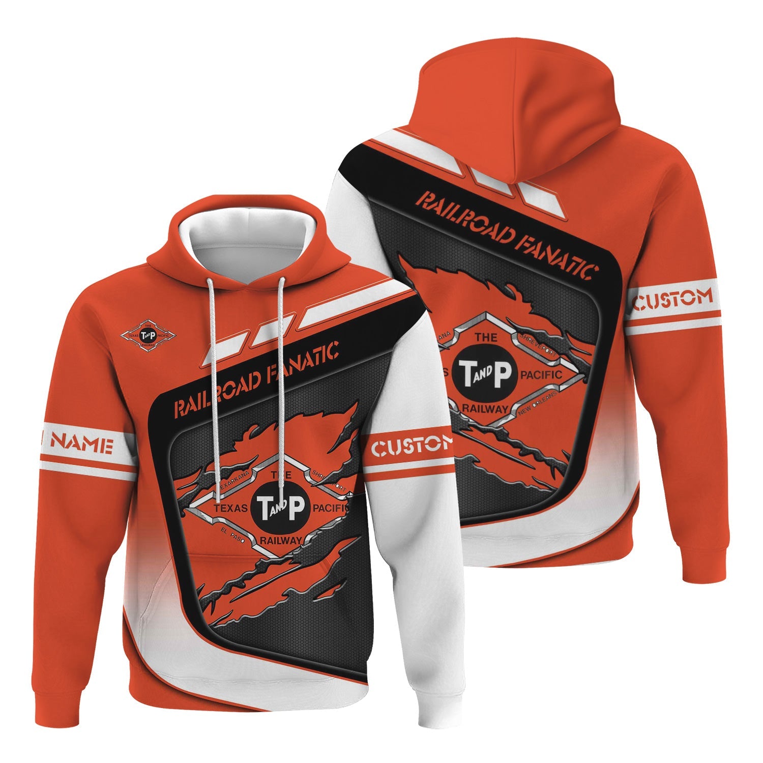 Railspirit Personalized Texas and Pacific Railway Hoodie Ripped Texture Style Train Zip Up Hoodie For Railroad Fanatic