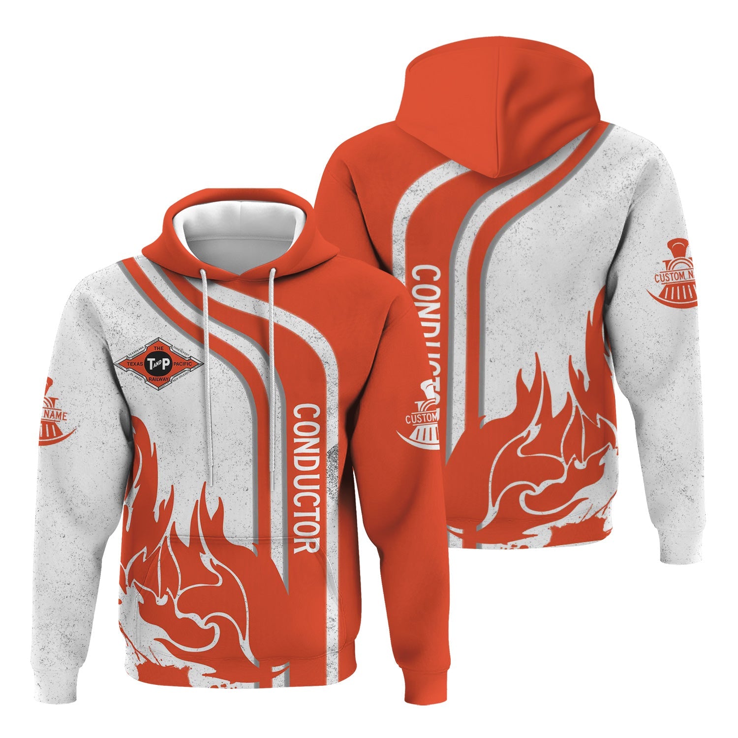 Railspirit Personalized Texas and Pacific Railway Hoodie Flame Design with Custom Job Position Train Zip Up Hoodie