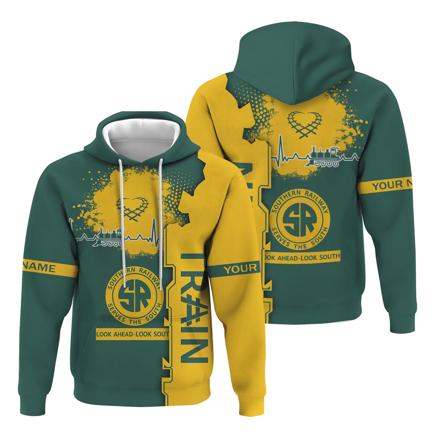 Railspirit Personalized Southern Railway U.S Hoodie Engine Heartbeat and Track Love Style SOU Zip Up Hoodie Gift Idea For Train Lovers