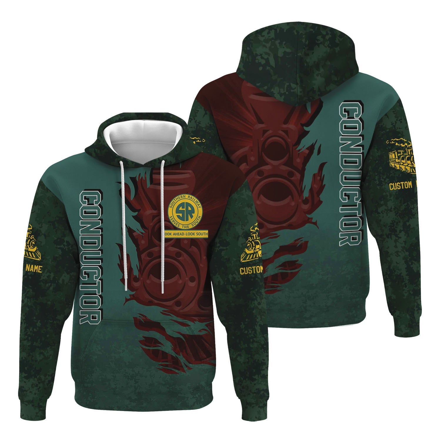 Railspirit Personalized Southern Railway U.S Hoodie Blazing Style with Custom Position SOU Train Zip Up Hoodie