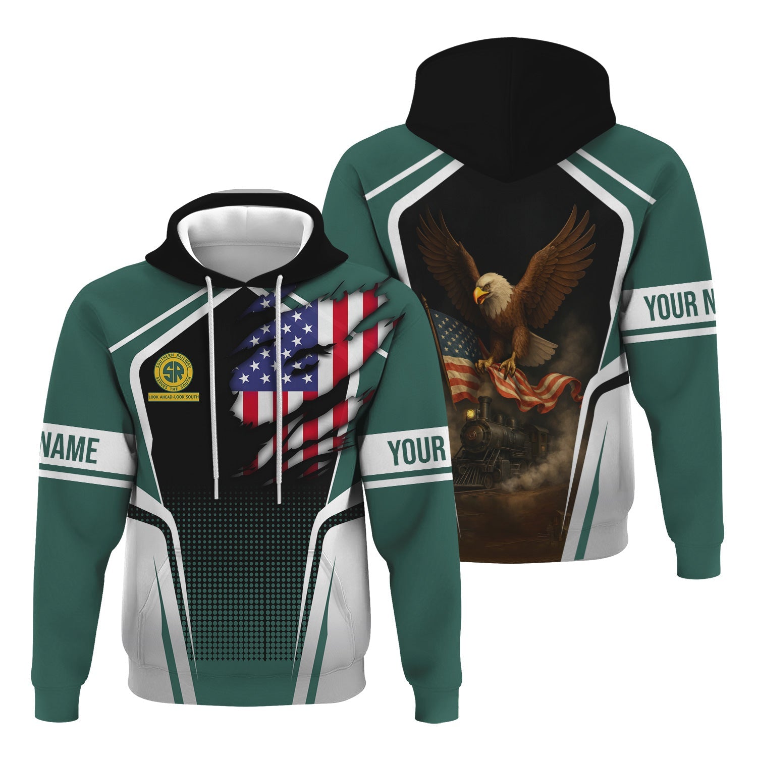 Railspirit Personalized Southern Railway U.S Hoodie American Eagle Vintage Train SOU Zip Up Hoodie