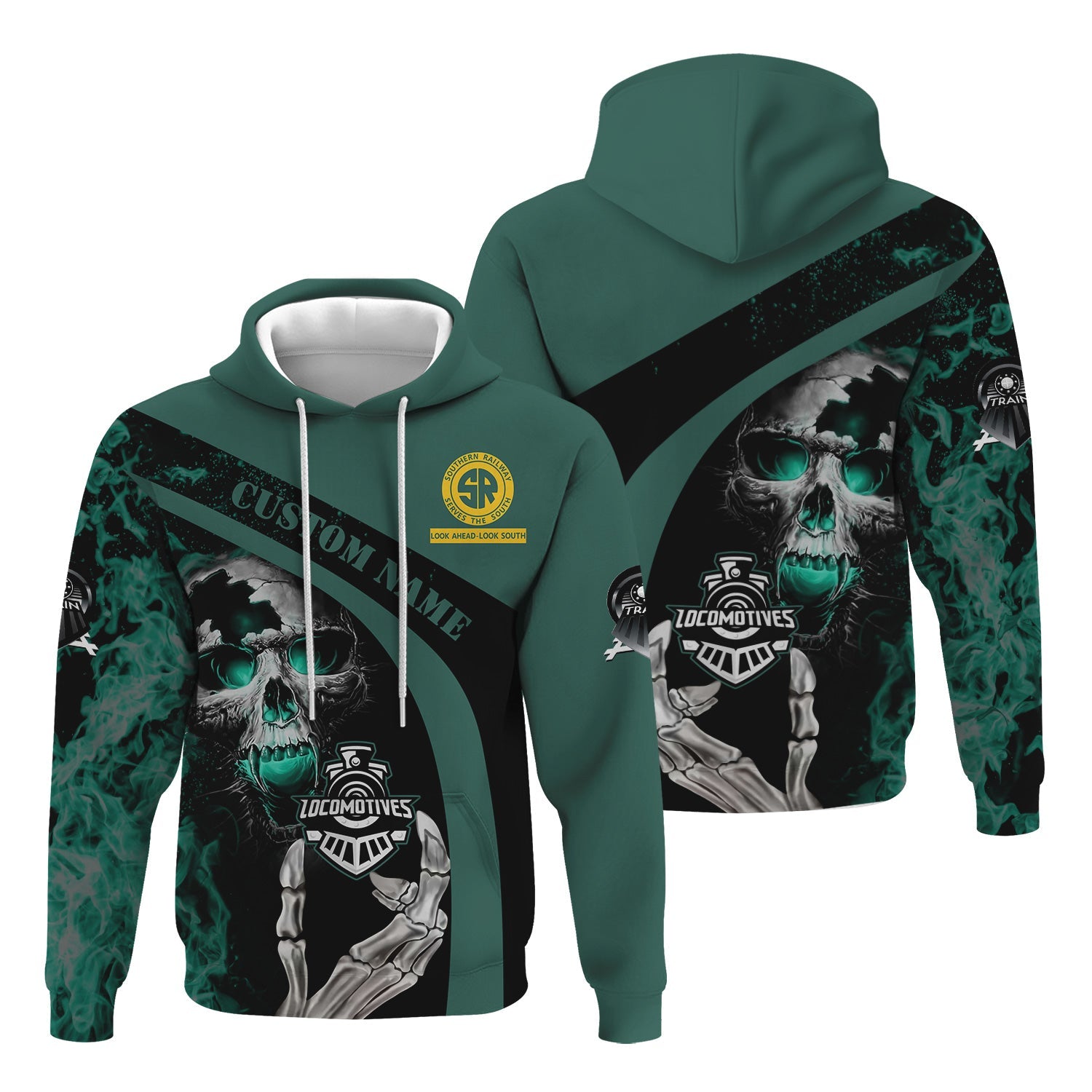 Railspirit Personalized Southern Railway U.S Hoodie Flame Skull Design SOU Train Zip Up Hoodie for Locomotive Fans