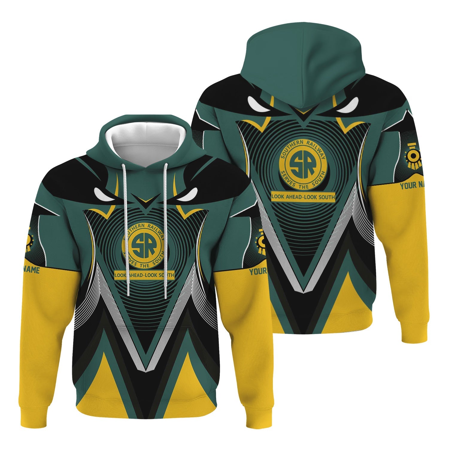 Railspirit Personalized Southern Railway U.S Hoodie Vibrant Graphic Pattern SOU Zip Up Hoodie For Train Enthusiasts