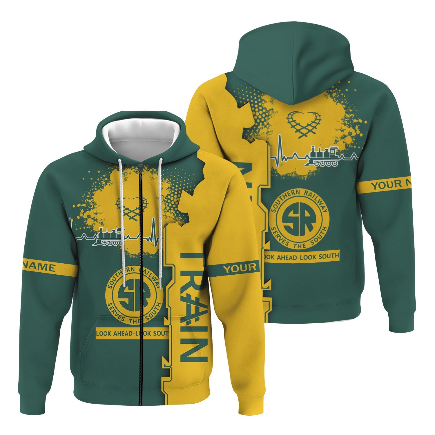 Railspirit Personalized Southern Railway U.S Hoodie Engine Heartbeat and Track Love Style SOU Zip Up Hoodie Gift Idea For Train Lovers