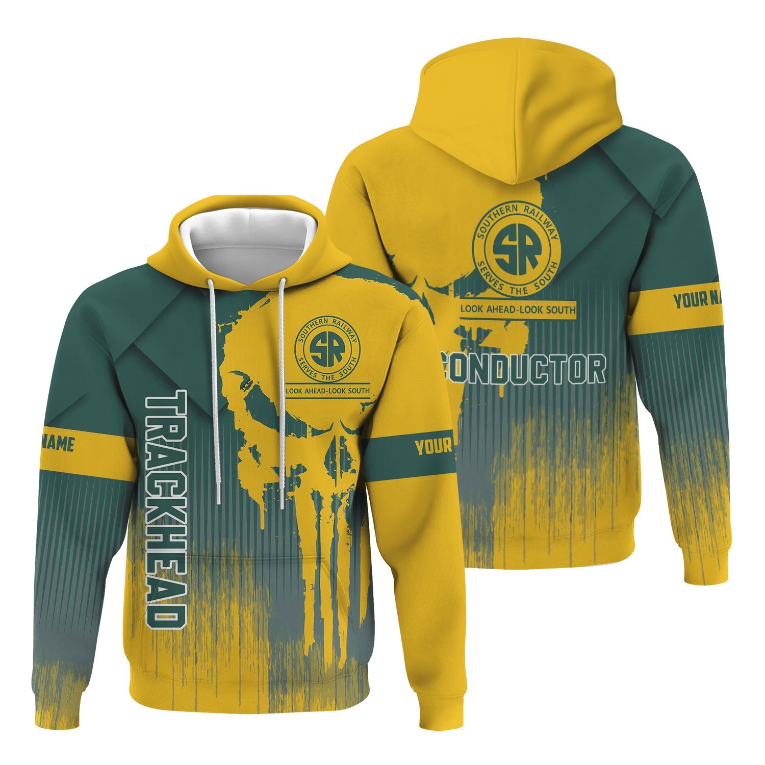 Railspirit Personalized Southern Railway U.S Hoodie Skull Design with Custom Job SOU Train Zip Up Hoodie for Trackhead Crew