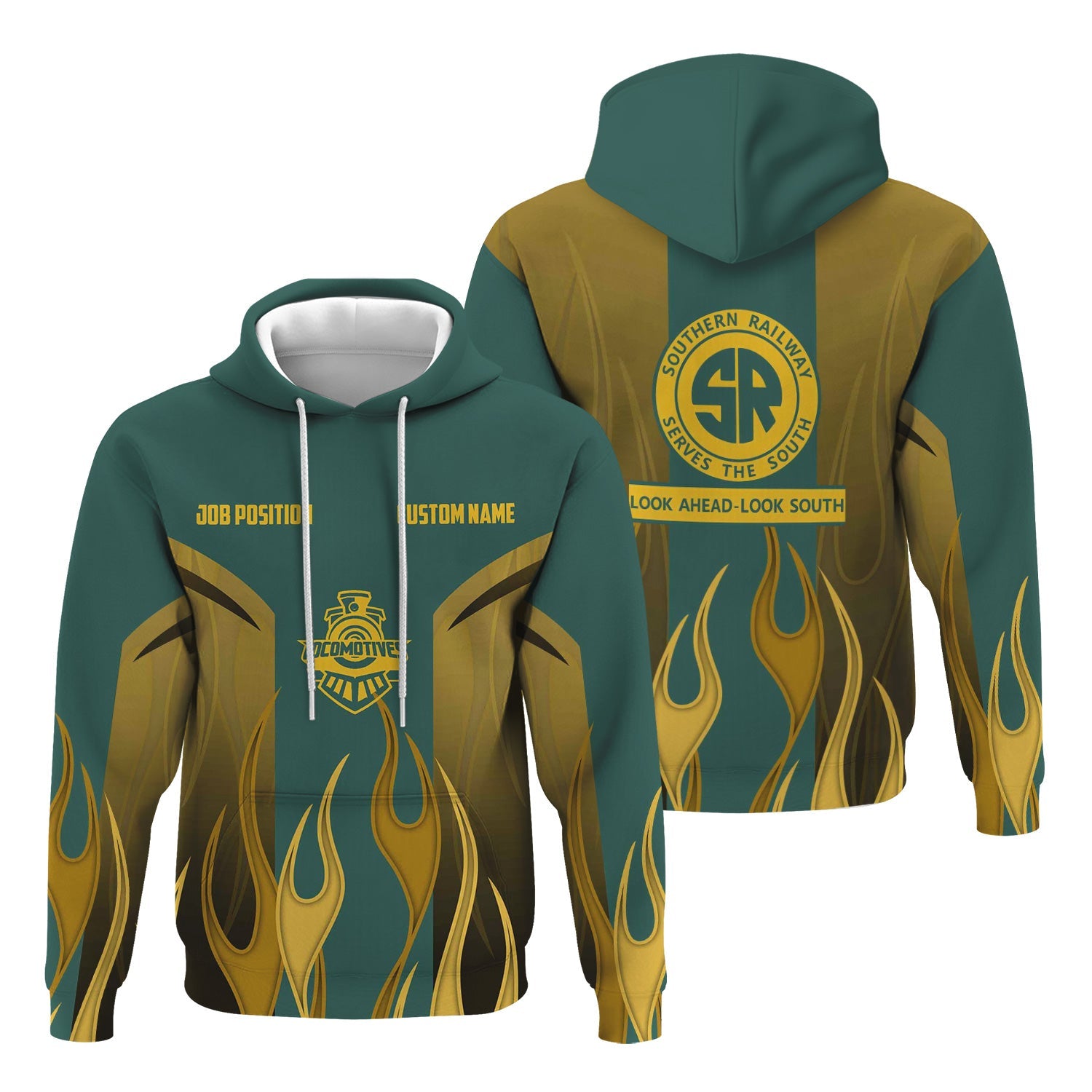 Railspirit Custom Name and Job Title Southern Railway U.S Hoodie Flame Graphic SOU Train Zip Up Hoodie
