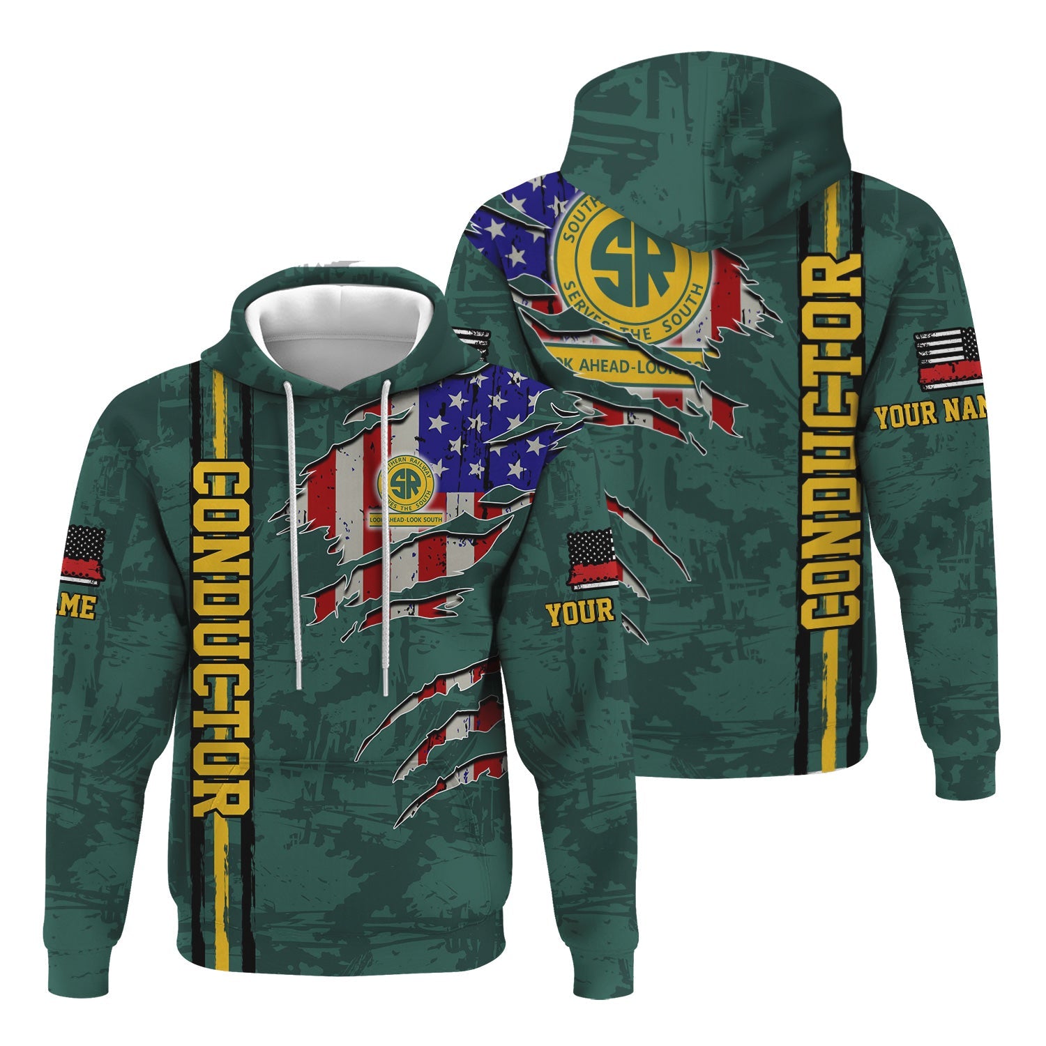 Railspirit Personalized Southern Railway U.S Hoodie USA Flag Claw Art with Custom Job SOU Train Zip Up Hoodie