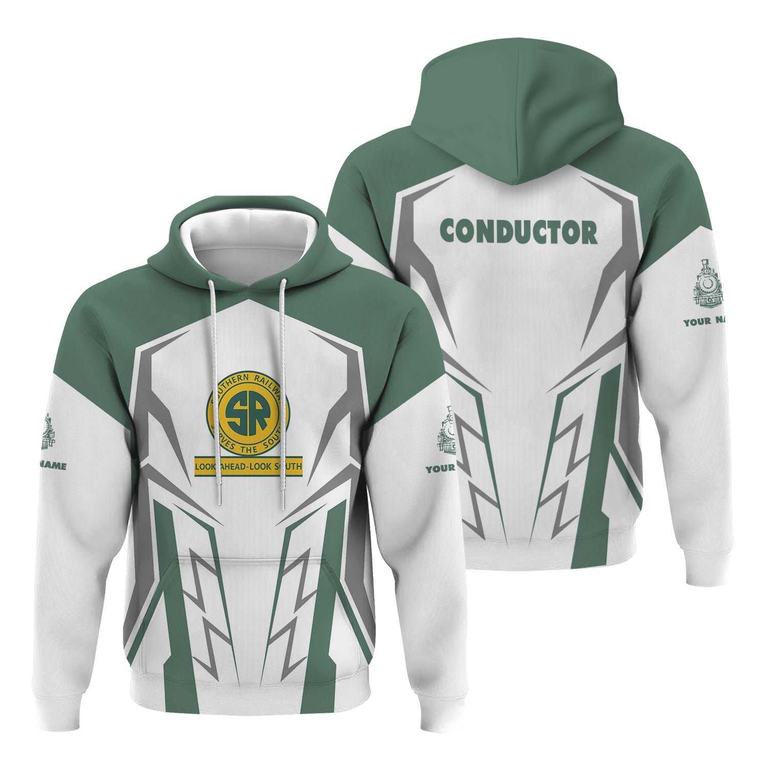 Railspirit Personalized Southern Railway U.S Hoodie Futuristic Design with Custom Job SOU Train Zip Up Hoodie