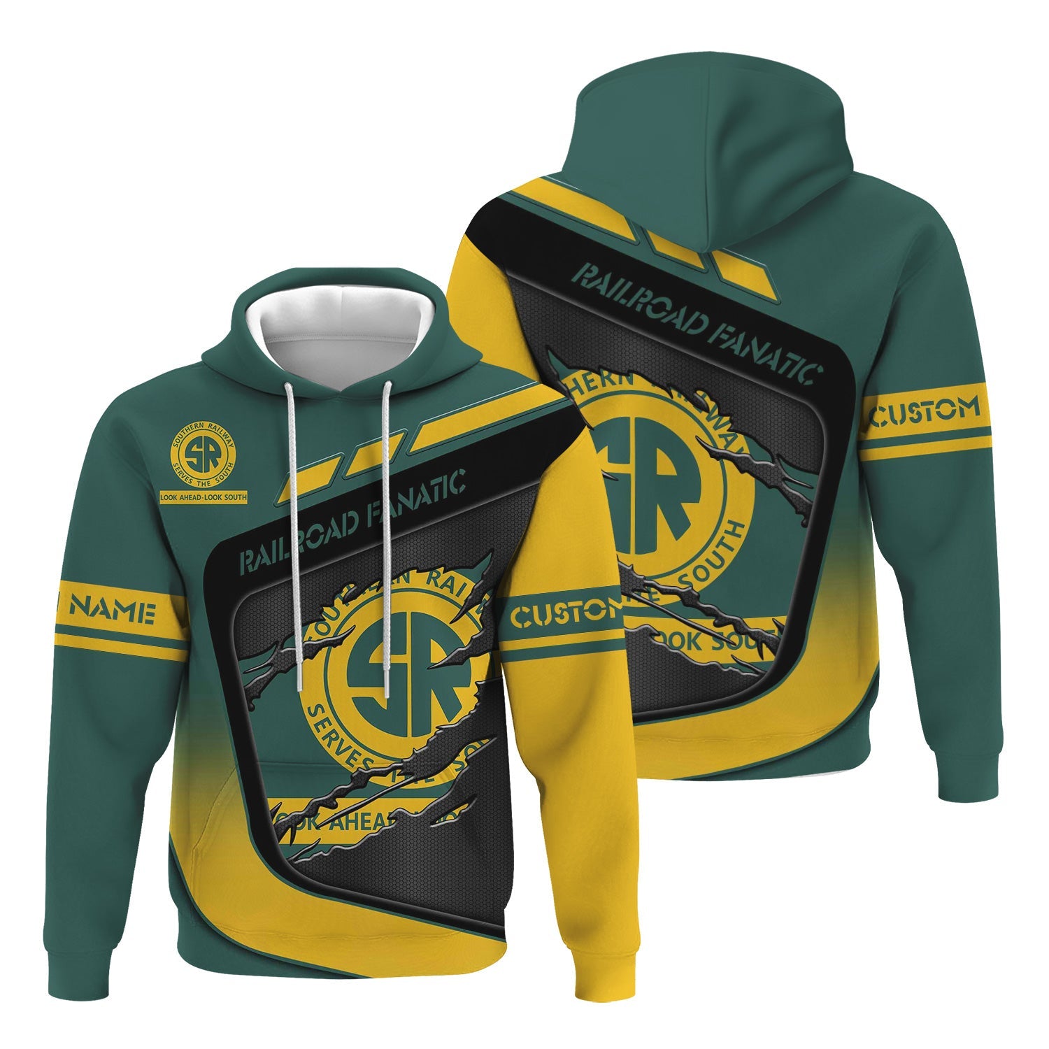 Railspirit Personalized Southern Railway U.S Hoodie Ripped Texture Style SOU Train Zip Up Hoodie For Railroad Fanatic