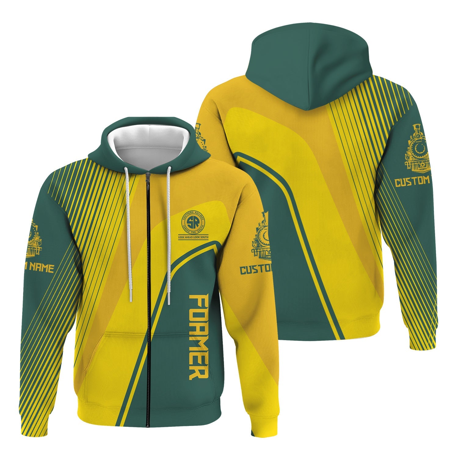 Railspirit Personalized Southern Railway U.S Hoodie Vibrant Striking Style SOU Zip Up Hoodie For Rail Enthusiasts