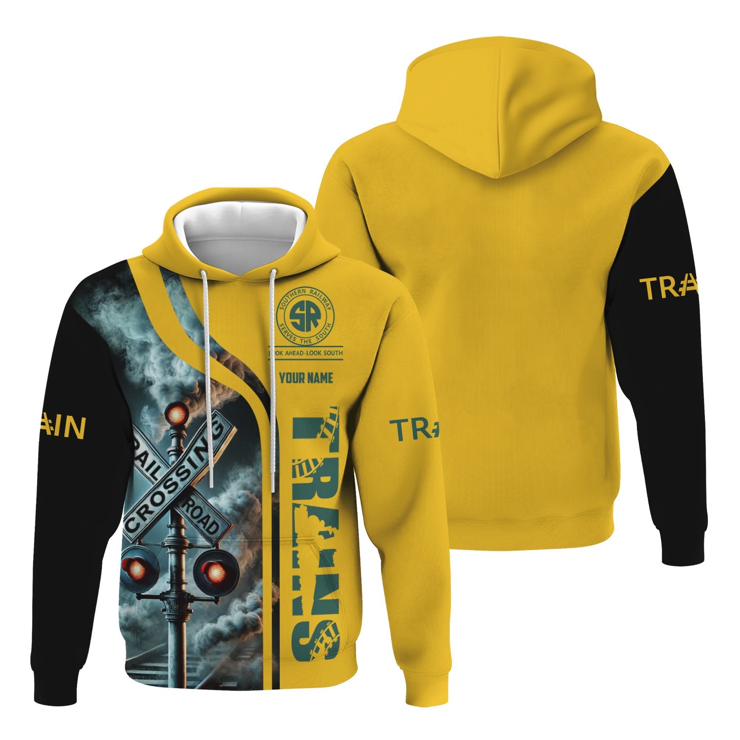 Railspirit Custom Name Southern Railway U.S Hoodie Railroad Crossing Sign SOU Printed Zip Hoodie