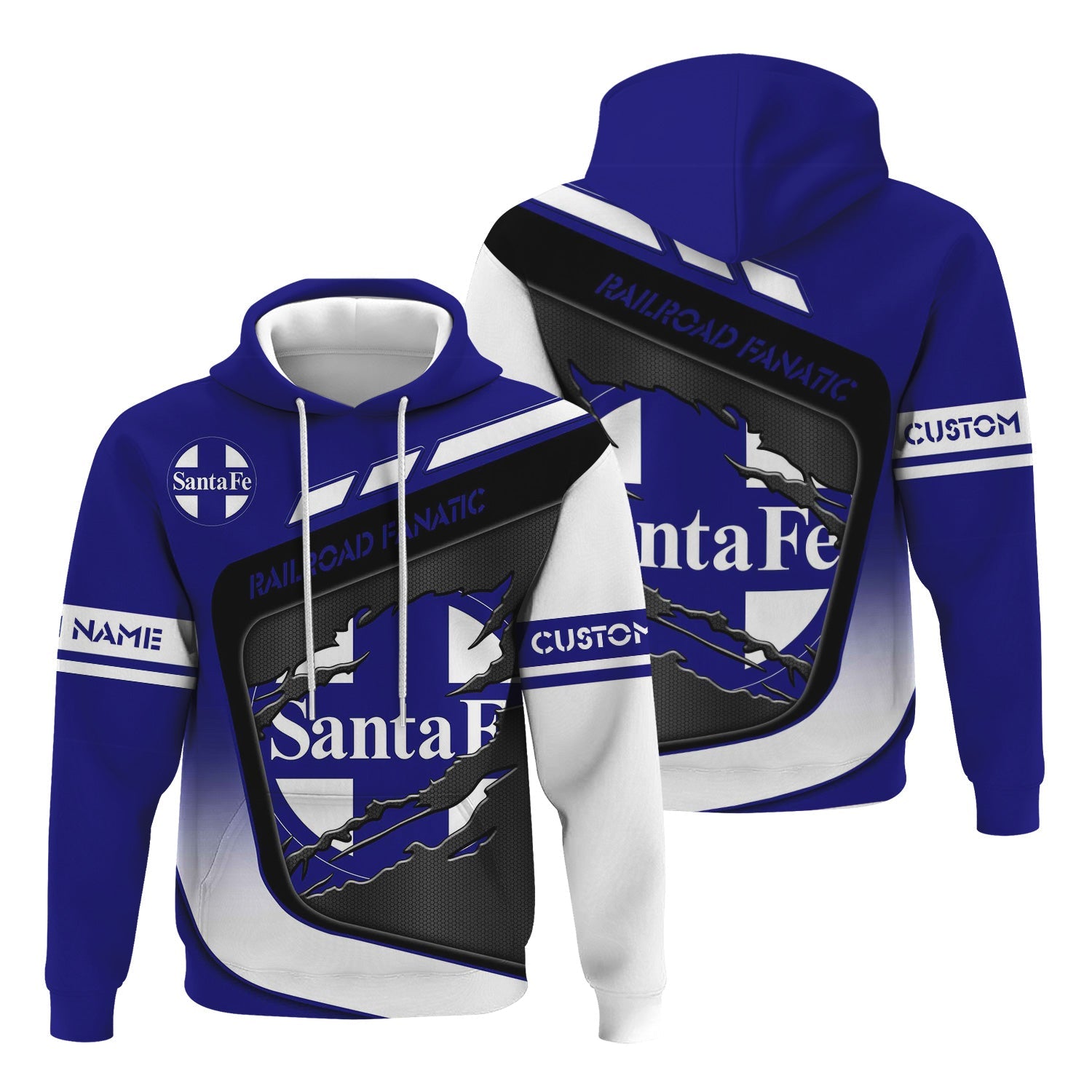 Railspirit Personalized Santa Fe ATSF Railway Hoodie Ripped Texture Style Atchison, Topeka and Santa Fe Train Zip Up Hoodie For Railroad Fanatic