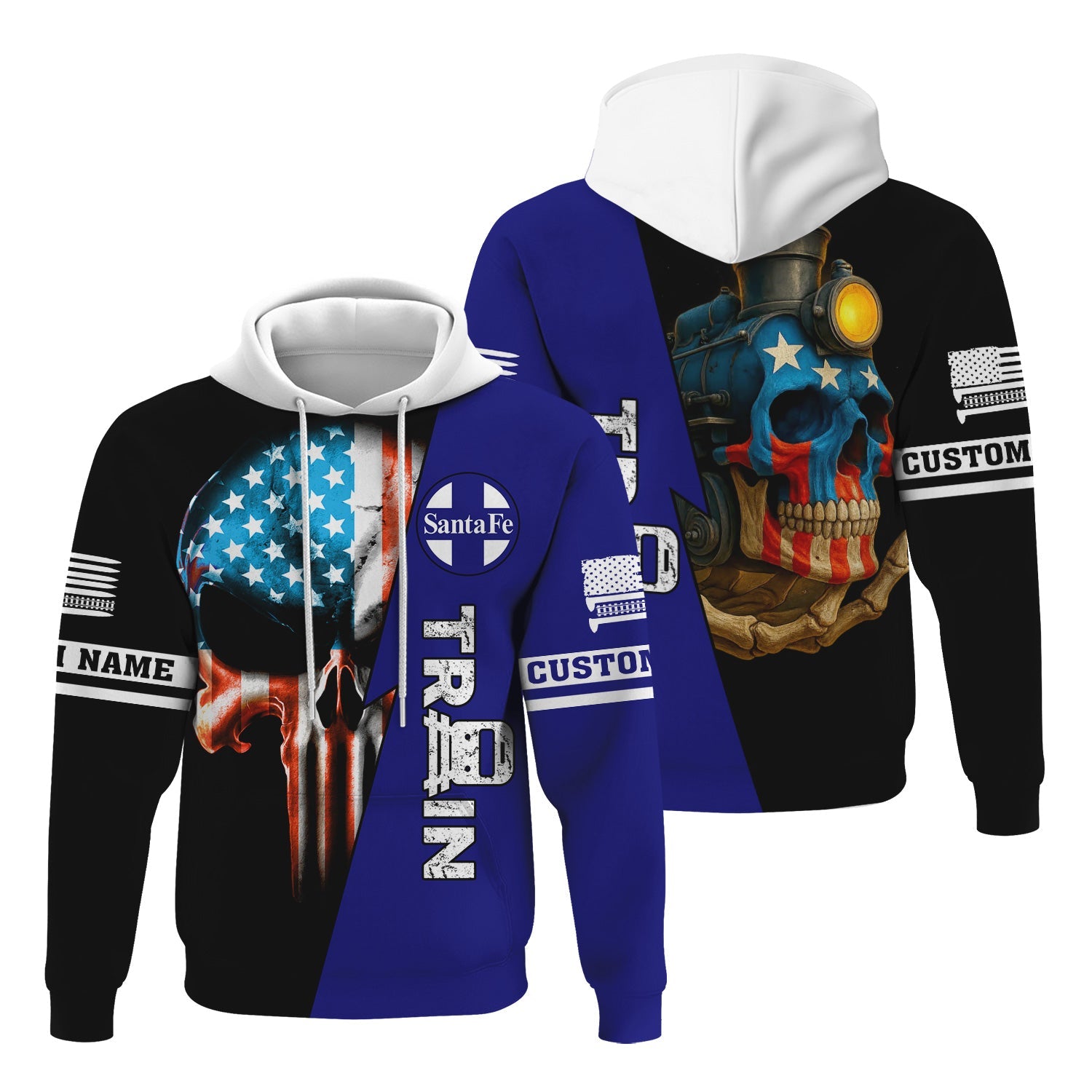 Railspirit Personalized Santa Fe Railway Hoodie Train Skull American Flag Atchison, Topeka and Santa Fe Railway Zip Up Hoodie