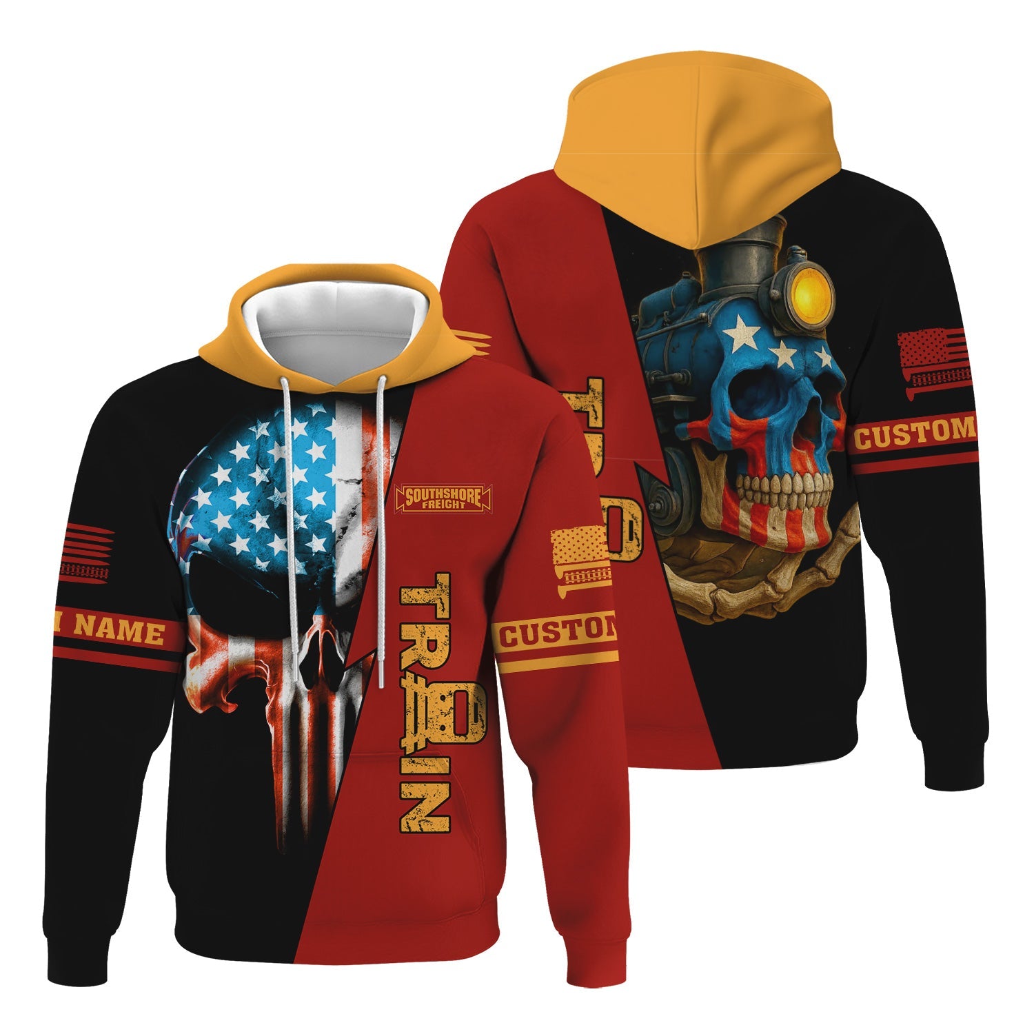 Railspirit Personalized Chicago South Shore and South Bend Railroad Hoodie Train Skull American Flag Zip Up Hoodie All Over Print