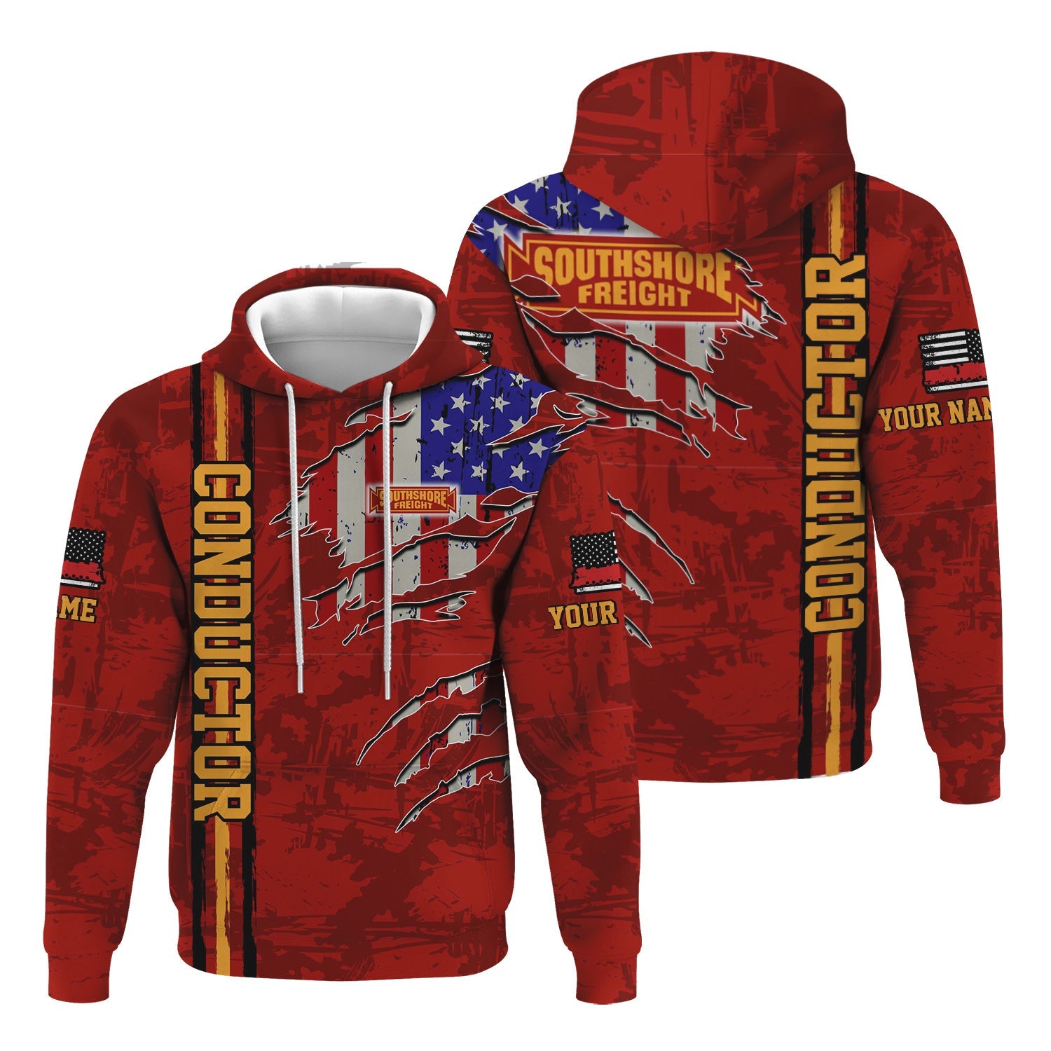 Railspirit Personalized Chicago South Shore and South Bend Railroad Hoodie USA Flag Claw Art with Custom Job Train Zip Up Hoodie