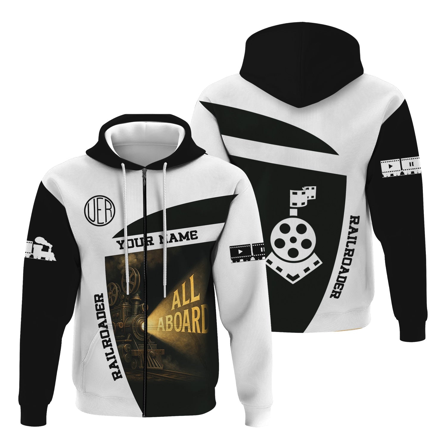 Railspirit Personalized Union Electric Railway Hoodie All Aboard Steam Train Movie Projector Style Zip Up Hoodie