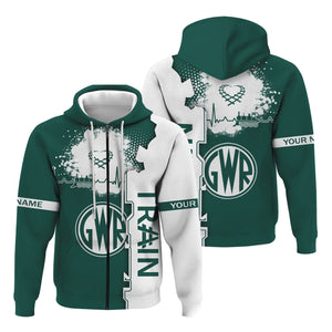 Railspirit Personalized Great Western Railway Hoodie Engine Heartbeat and Track Love Style Zip Up Hoodie Gift Idea For Train Lovers