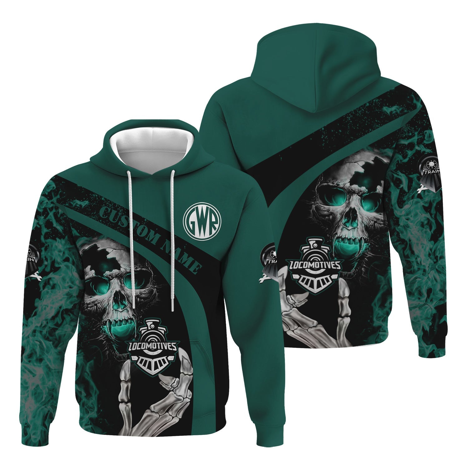 Railspirit Personalized Great Western Railway Hoodie Flame Skull Design Train Zip Up Hoodie for Locomotive Fans