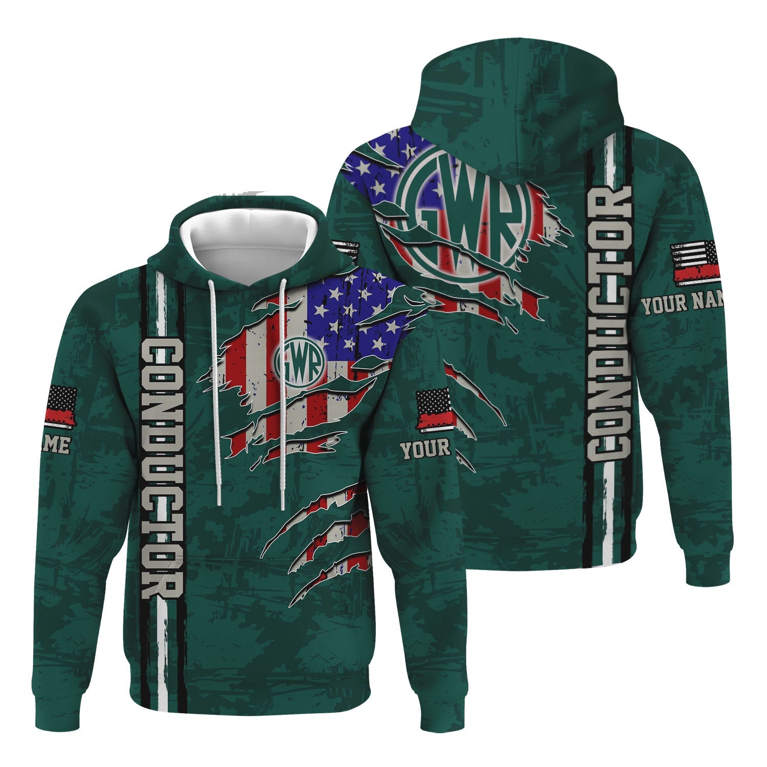Railspirit Personalized Great Western Railway Hoodie USA Flag Claw Art with Custom Job Train Zip Up Hoodie