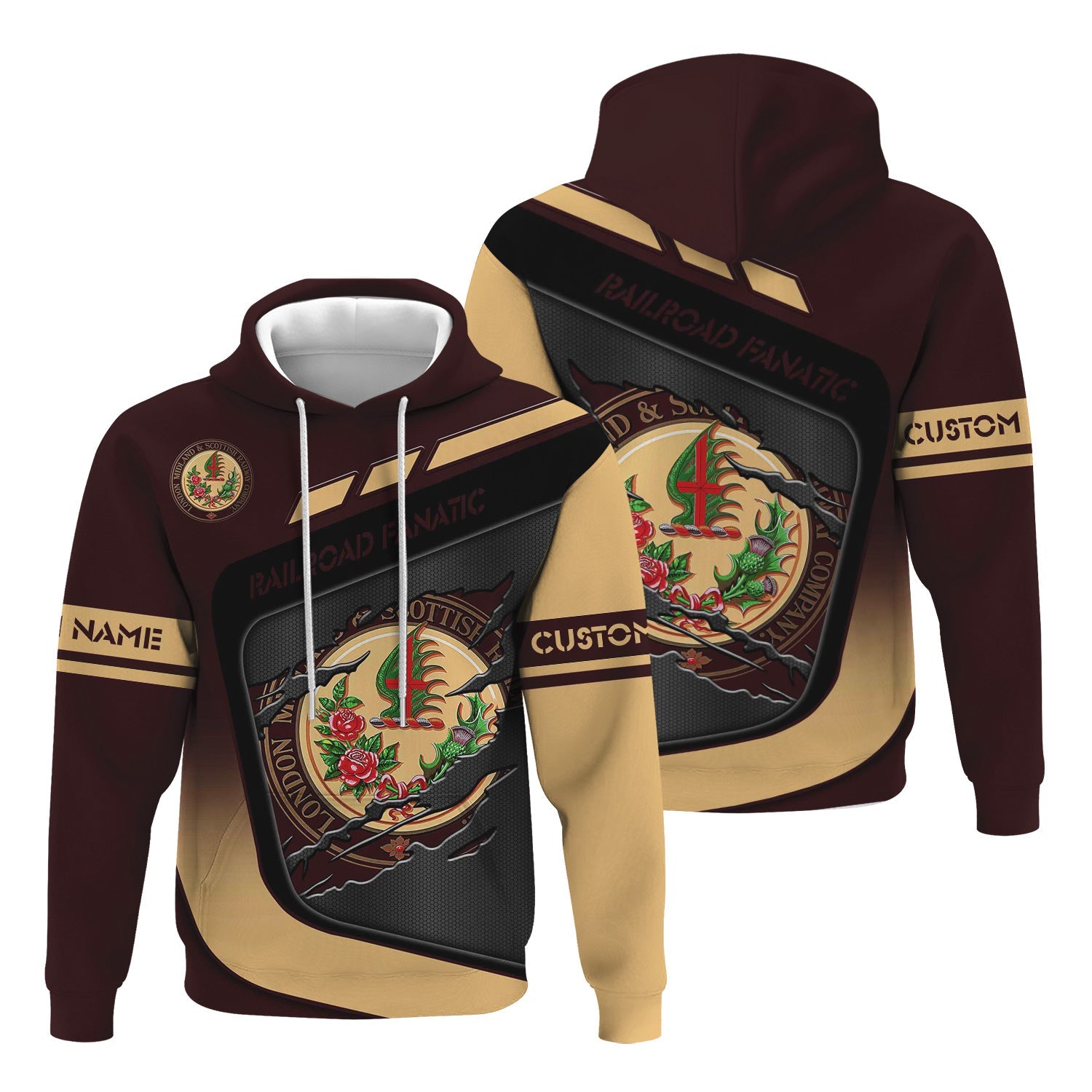 Railspirit Personalized London, Midland and Scottish Railway Hoodie Ripped Texture Style Train Zip Up Hoodie For Railroad Fanatic