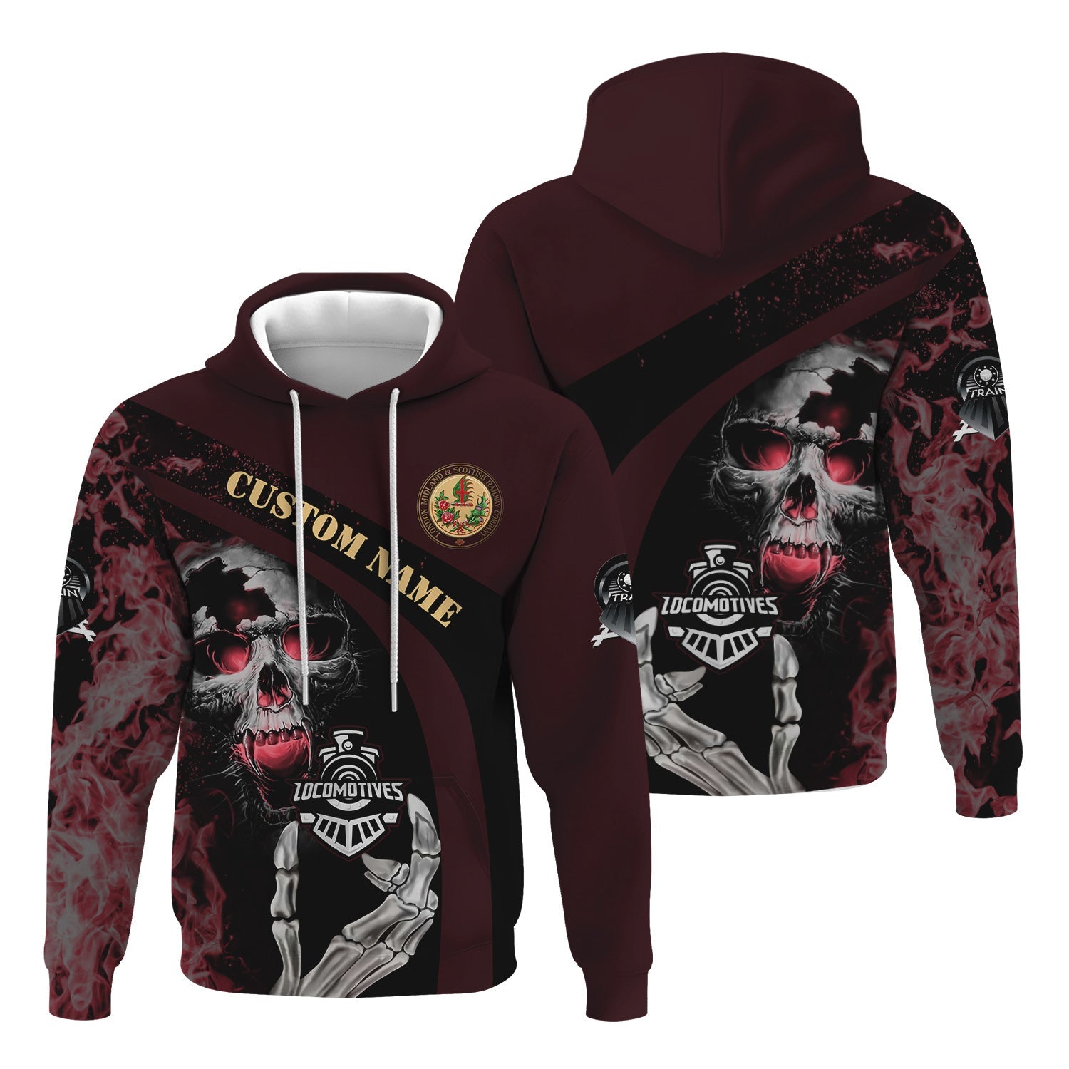 Railspirit Personalized London, Midland and Scottish Railway Hoodie Flame Skull Design Train Zip Up Hoodie for Locomotive Fans