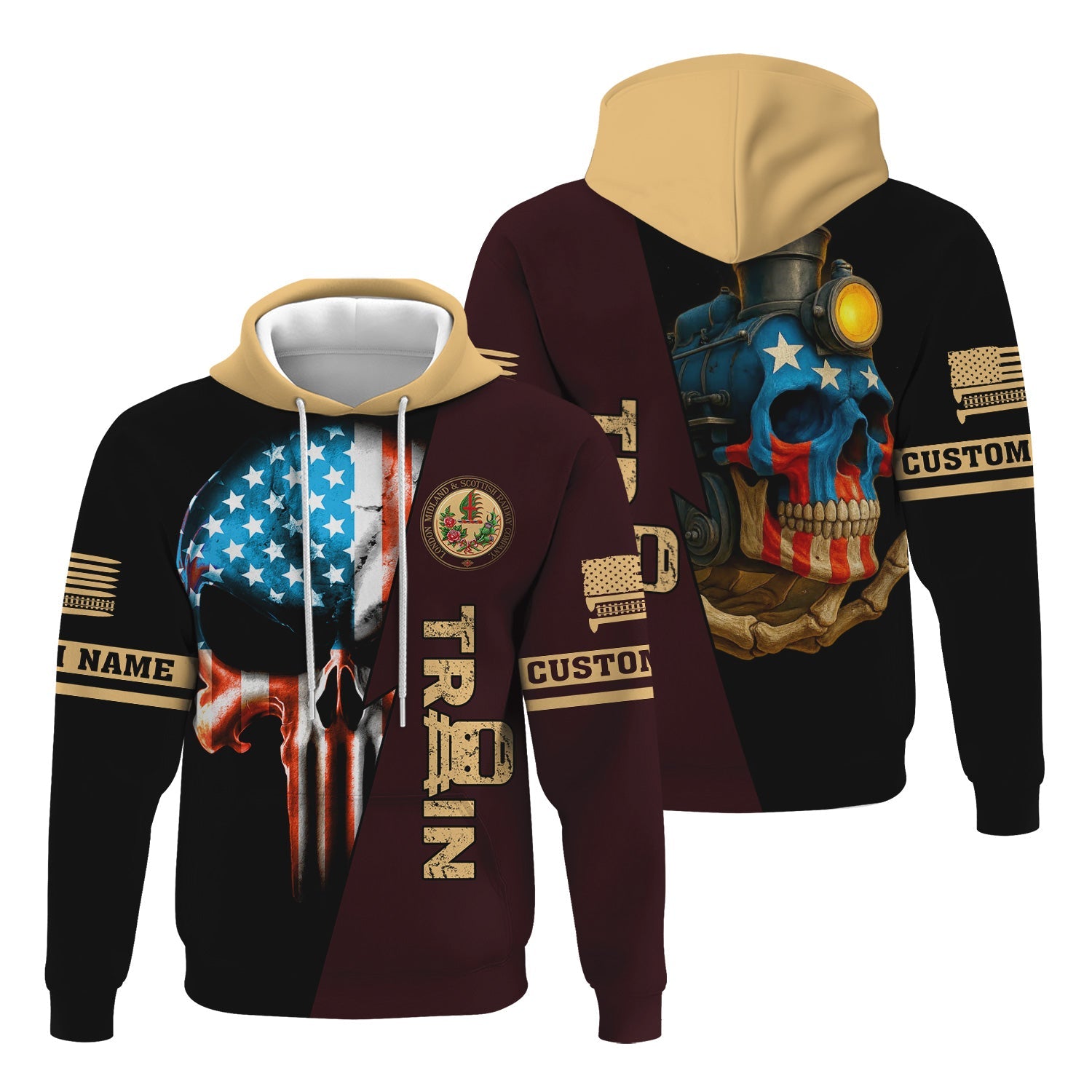 Railspirit Personalized London, Midland and Scottish Railway Hoodie Train Skull American Flag Zip Up Hoodie All Over Print