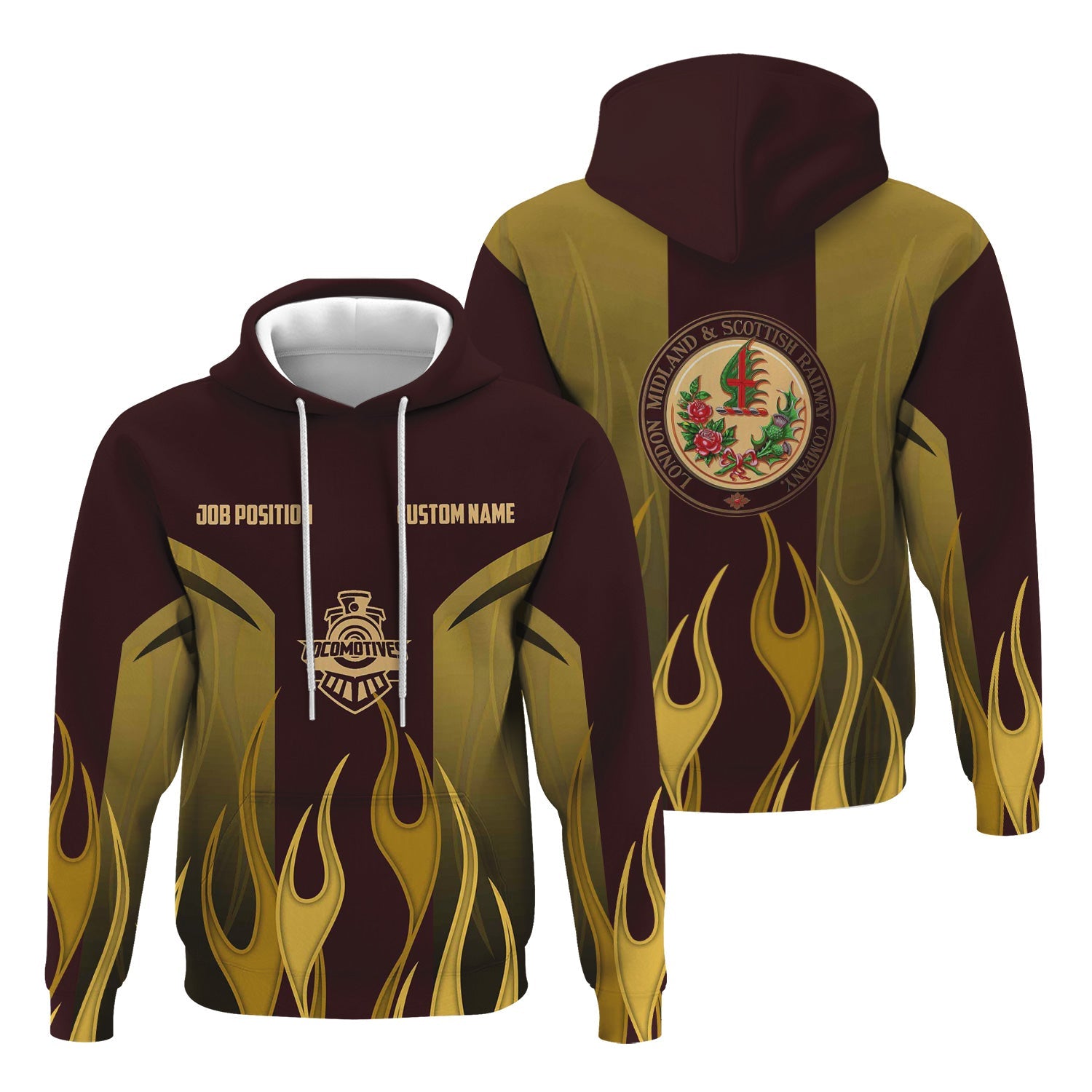 Railspirit Custom Name and Job Title London, Midland and Scottish Railway Hoodie Flame Graphic Train Zip Up Hoodie
