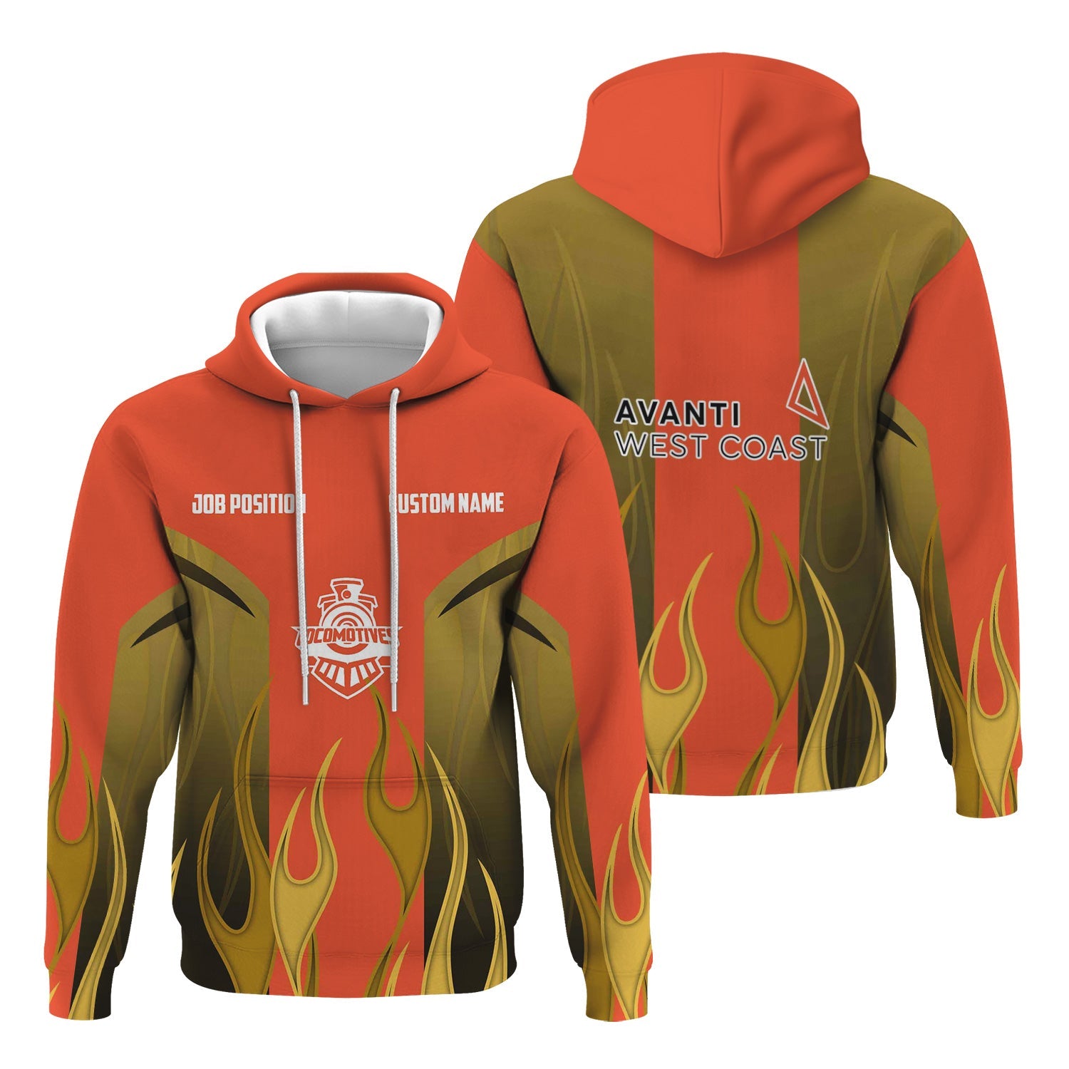 Railspirit Custom Name and Job Title Avanti West Coast Hoodie Flame Graphic Train Zip Up Hoodie