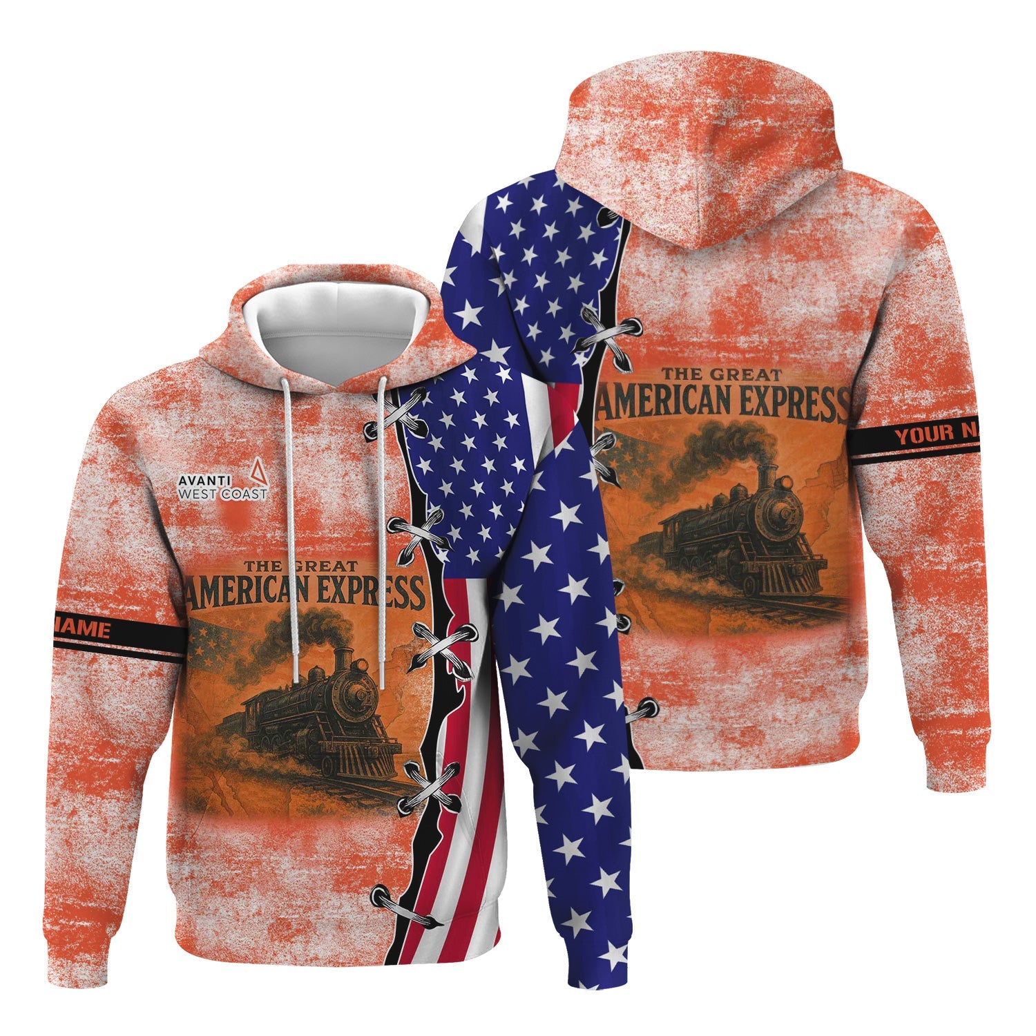 Railspirit Personalized Avanti West Coast Hoodie Retro American Express Train With USA Flag Zip Up Hoodie