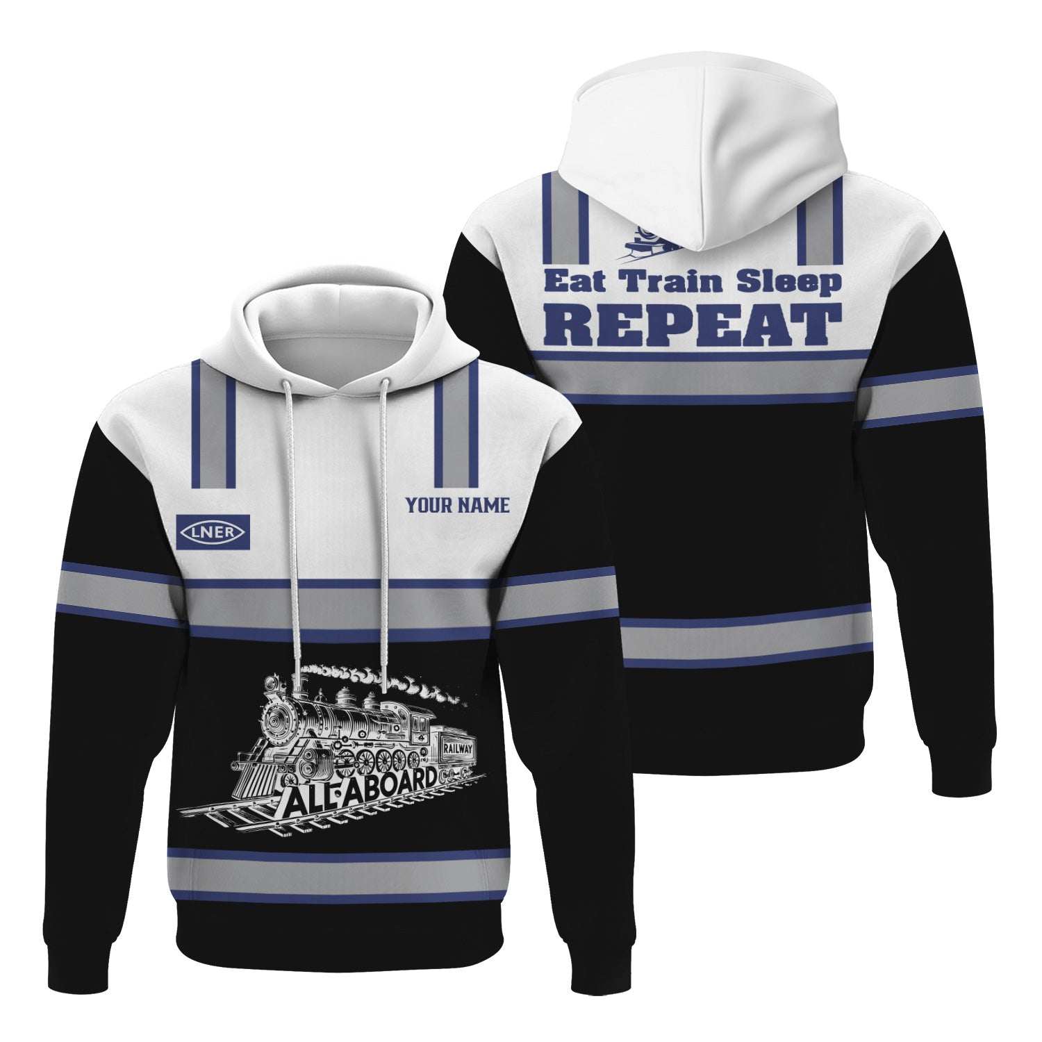 Railspirit Custom Name London and North Eastern Railway Hoodie Eat Train Sleep Repeat Printed Train Zip Hoodie