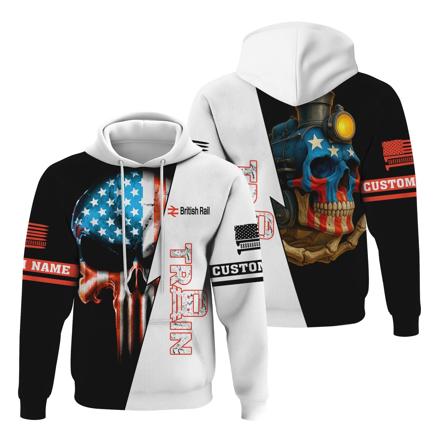 Railspirit Personalized British Railway Hoodie Train Skull American Flag Zip Up Hoodie All Over Print