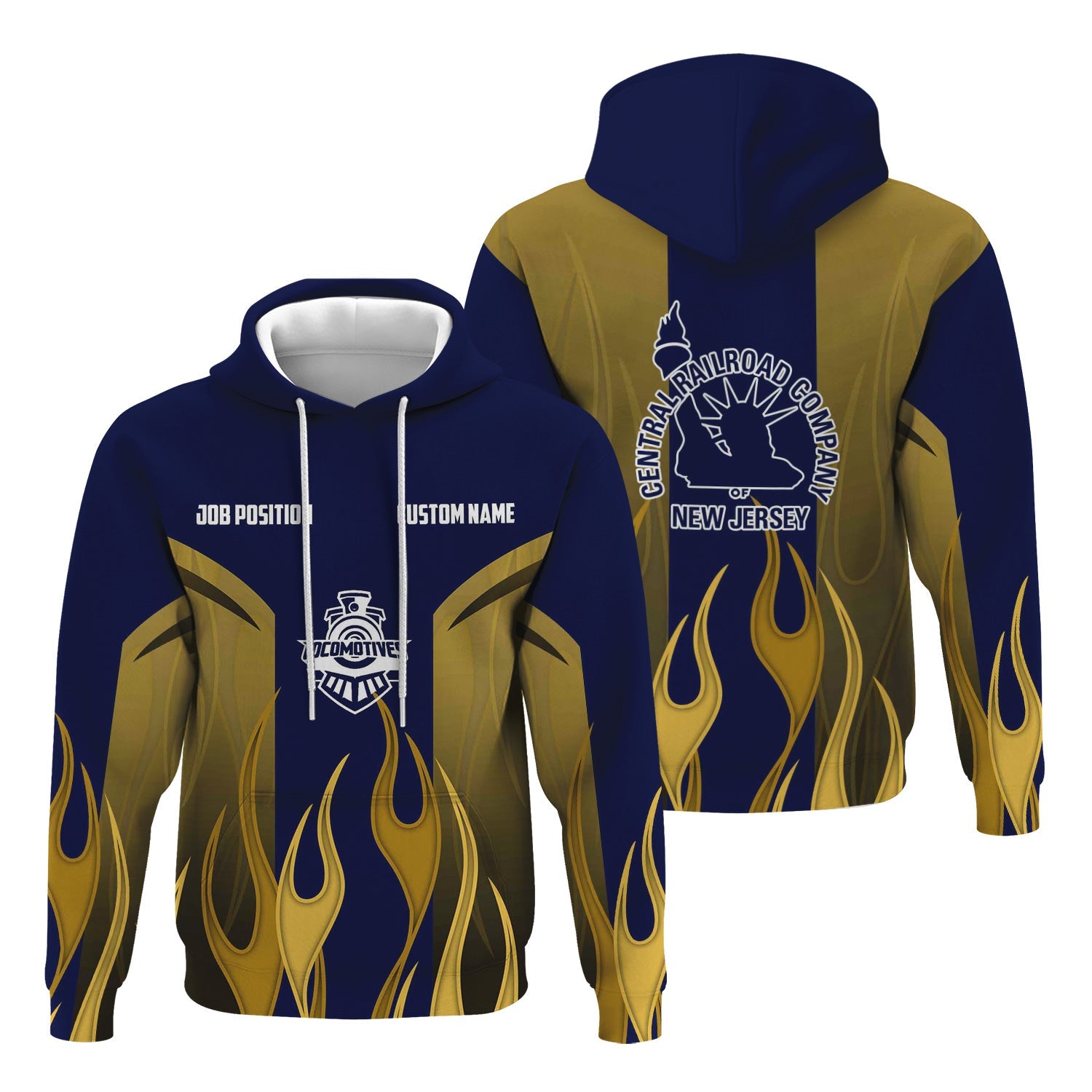 Railspirit Custom Name and Job Title Jersey Central Railroad Hoodie Flame Graphic CNJ Train Zip Up Hoodie